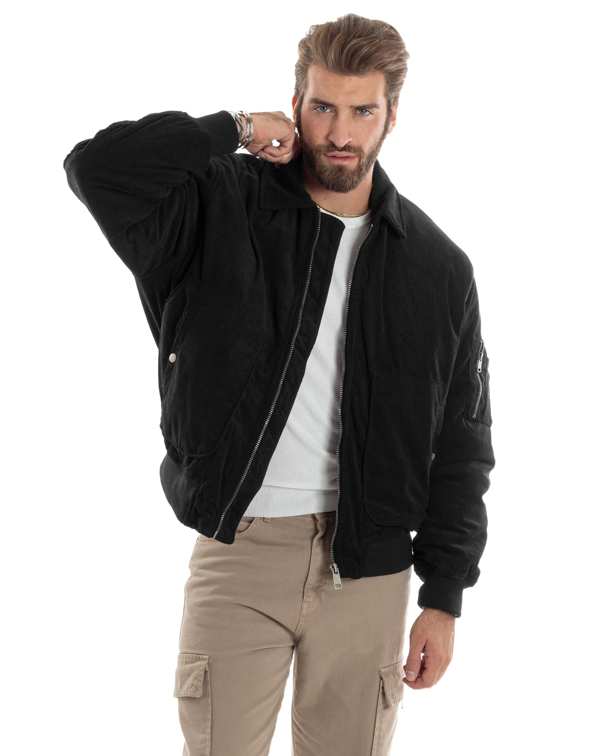 Giubbotto Uomo Velluto Rigato Giaccone Caldo Imbottito Bomber Con Collo Camicia E Tasconi Nero GIOSAL-G3254A