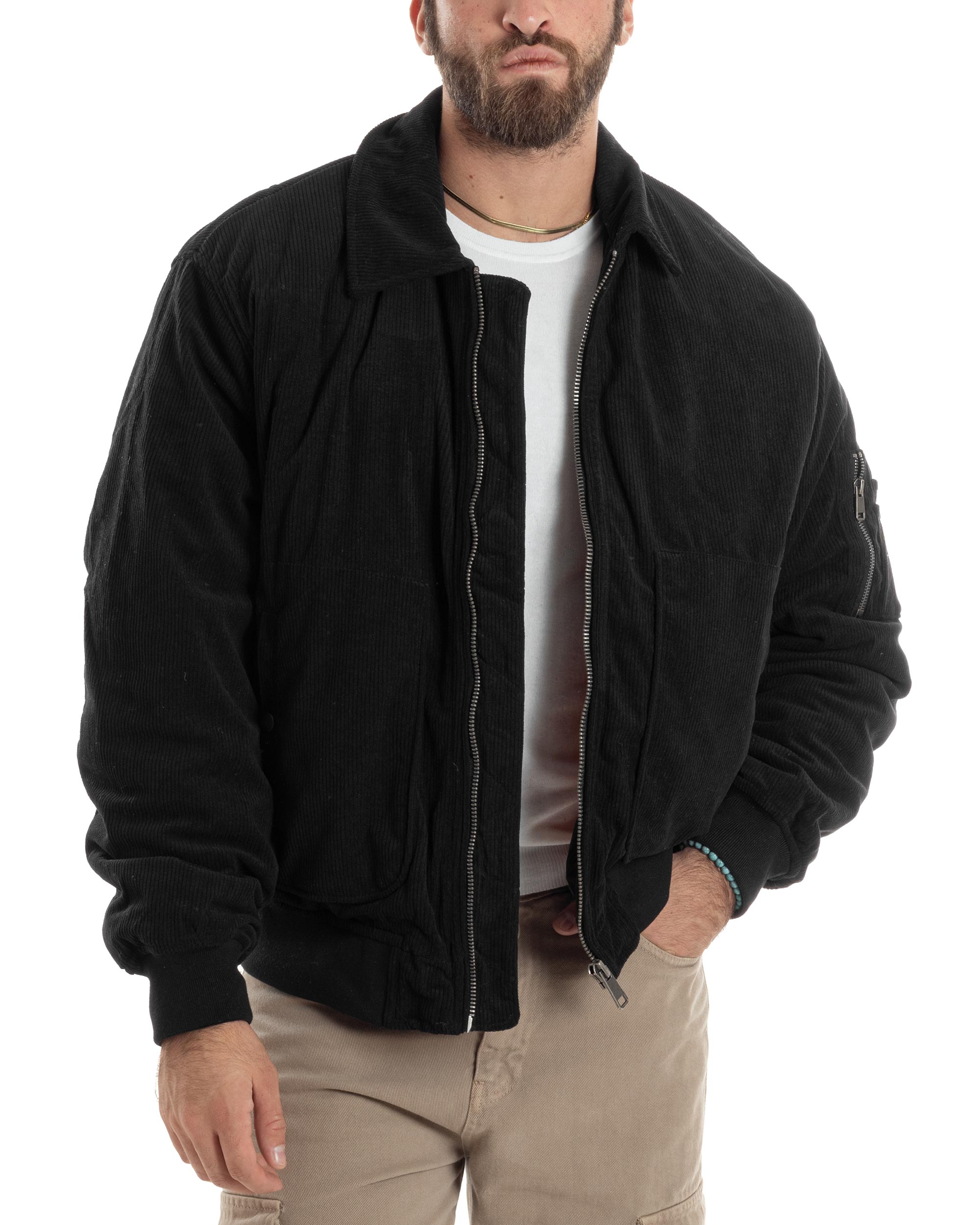 Giubbotto Uomo Velluto Rigato Giaccone Caldo Imbottito Bomber Con Collo Camicia E Tasconi Nero GIOSAL-G3254A