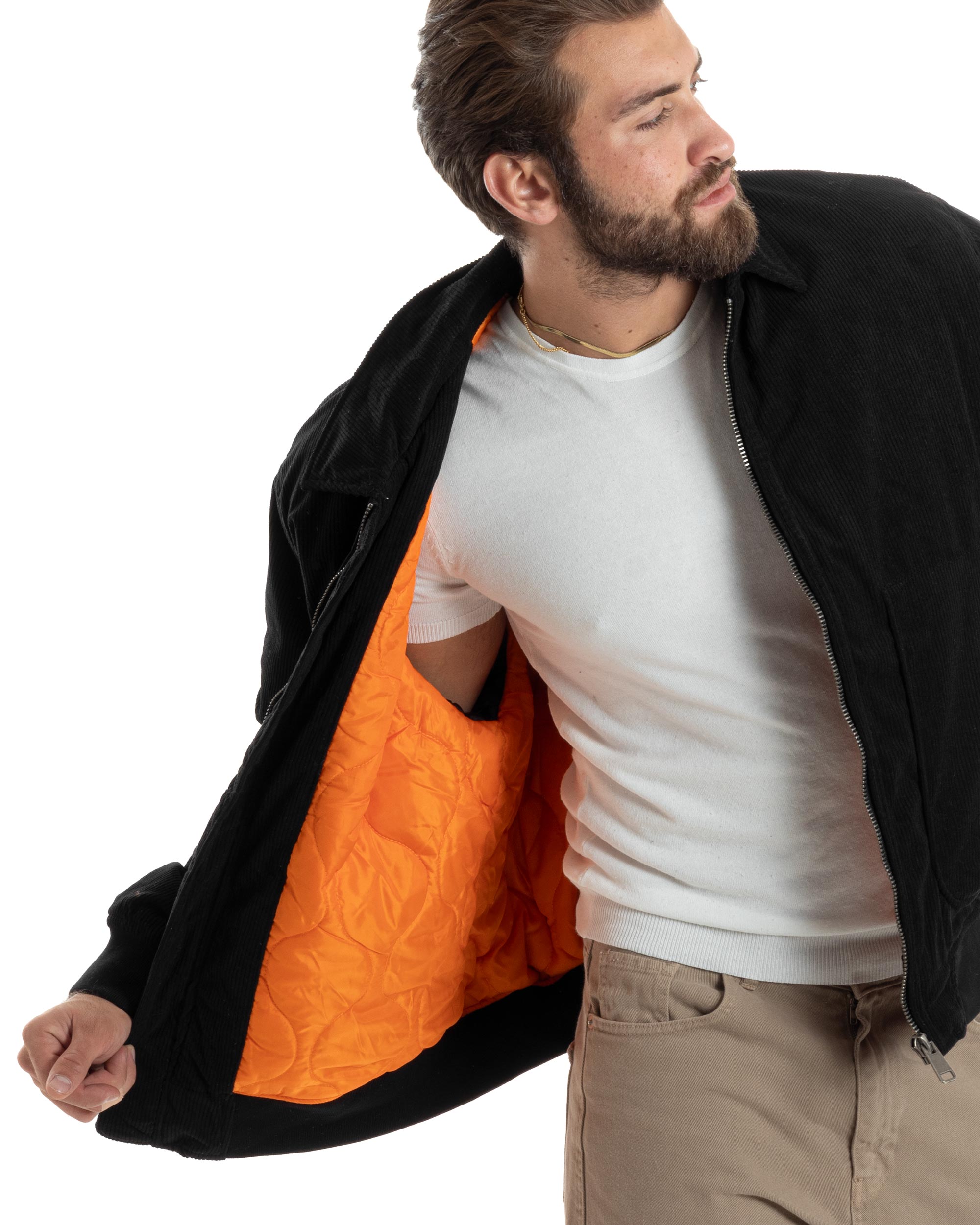 Giubbotto Uomo Velluto Rigato Giaccone Caldo Imbottito Bomber Con Collo Camicia E Tasconi Nero GIOSAL-G3254A