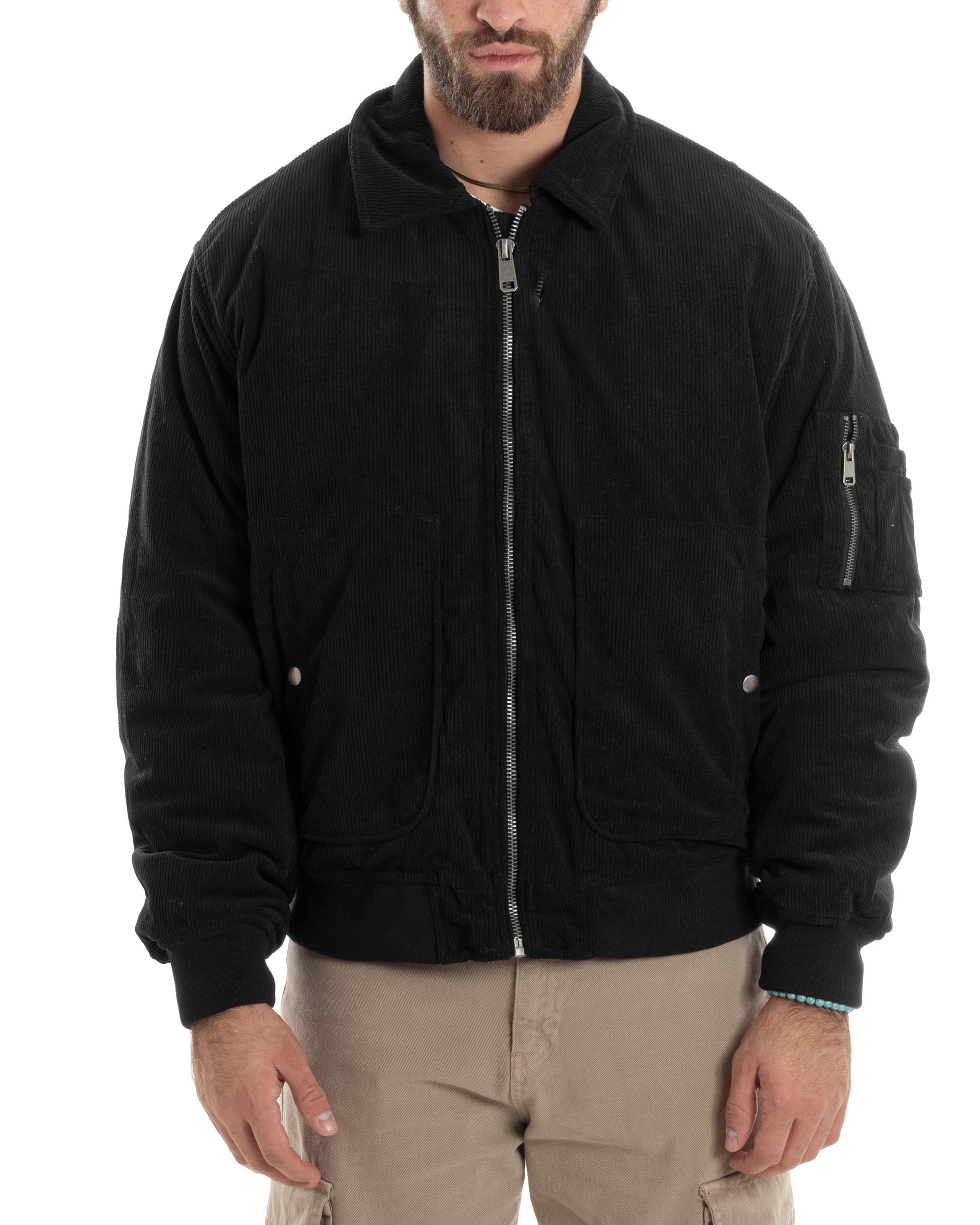 Giubbotto Uomo Velluto Rigato Giaccone Caldo Imbottito Bomber Con Collo Camicia E Tasconi Nero GIOSAL-G3254A