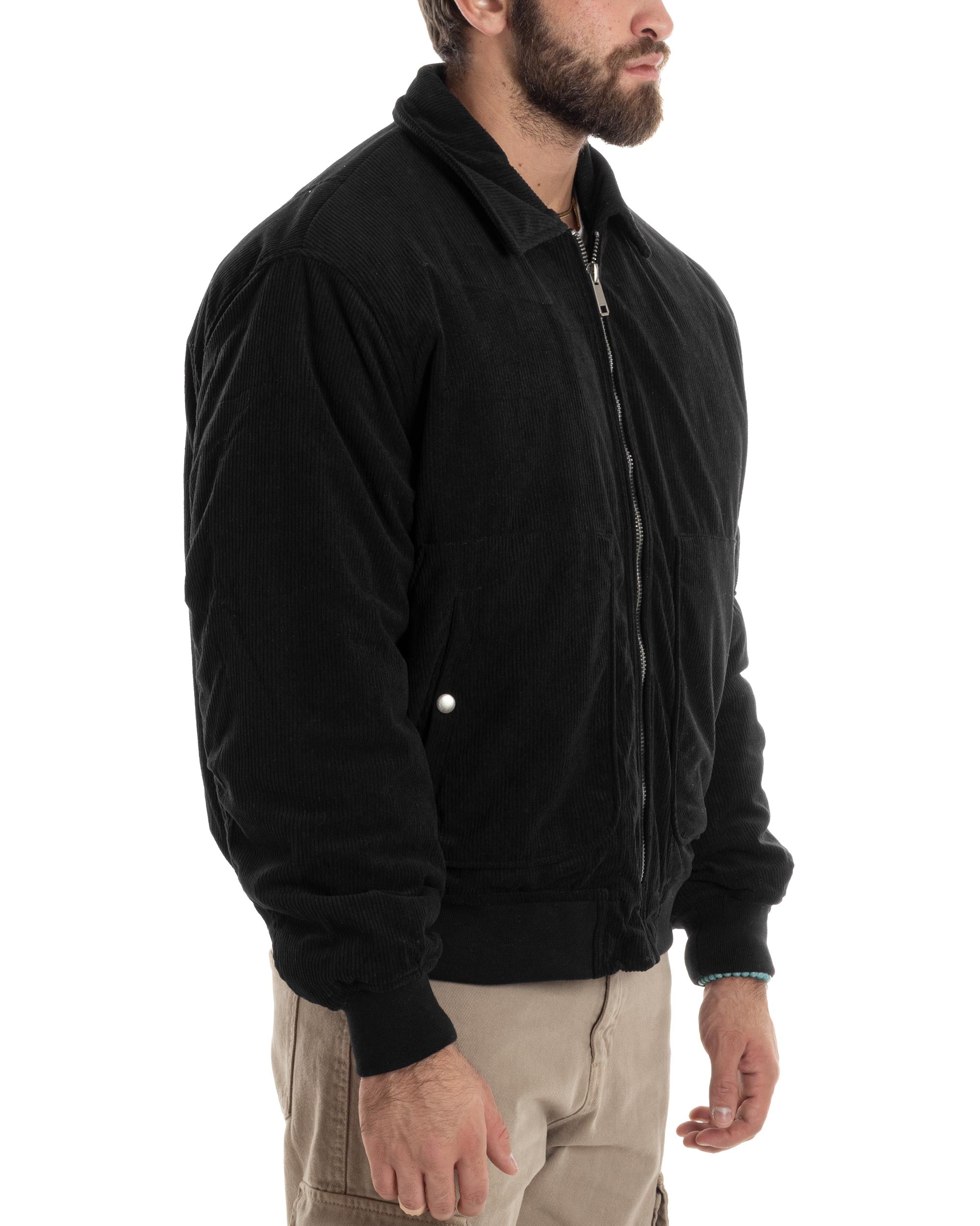 Giubbotto Uomo Velluto Rigato Giaccone Caldo Imbottito Bomber Con Collo Camicia E Tasconi Nero GIOSAL-G3254A