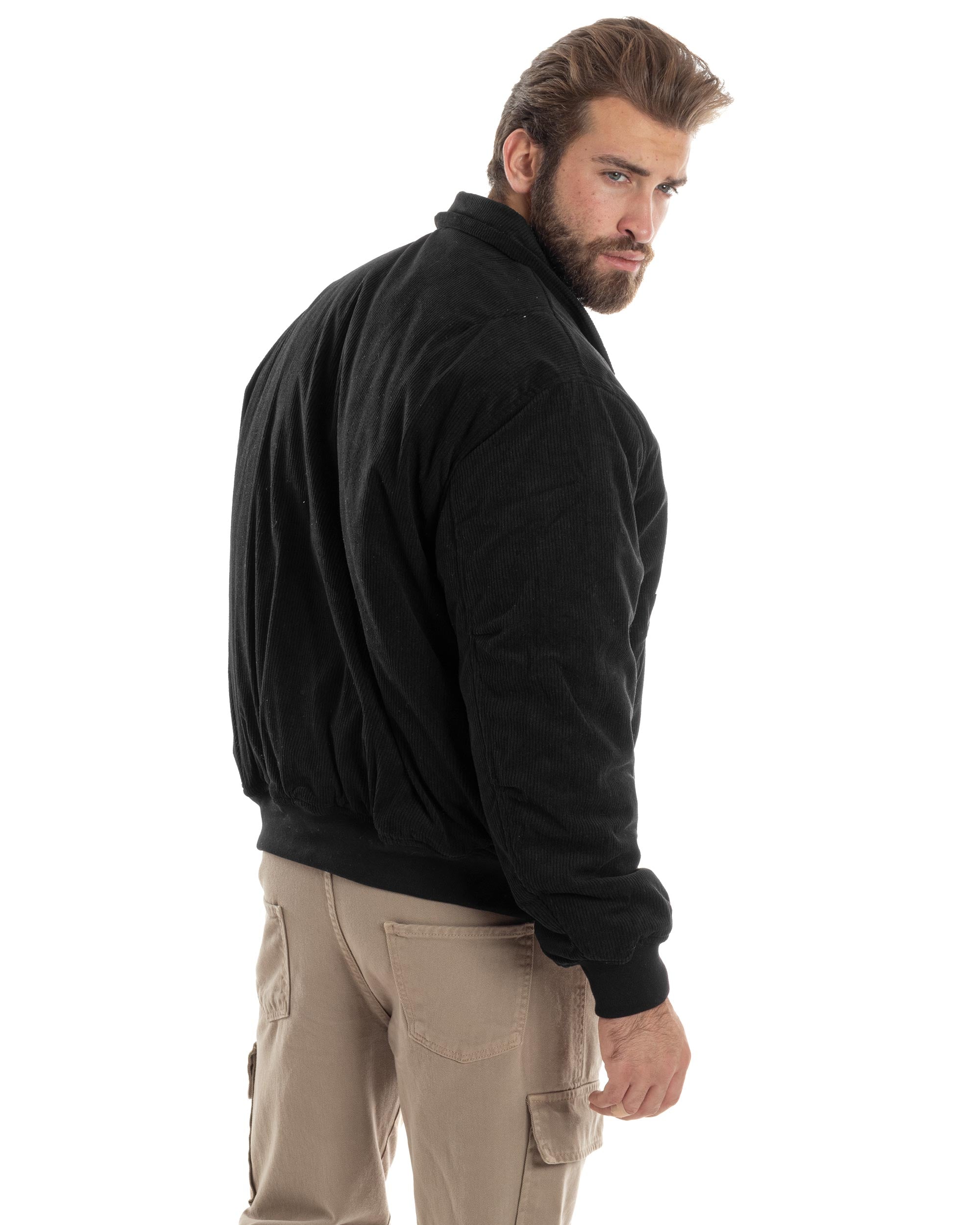 Giubbotto Uomo Velluto Rigato Giaccone Caldo Imbottito Bomber Con Collo Camicia E Tasconi Nero GIOSAL-G3254A