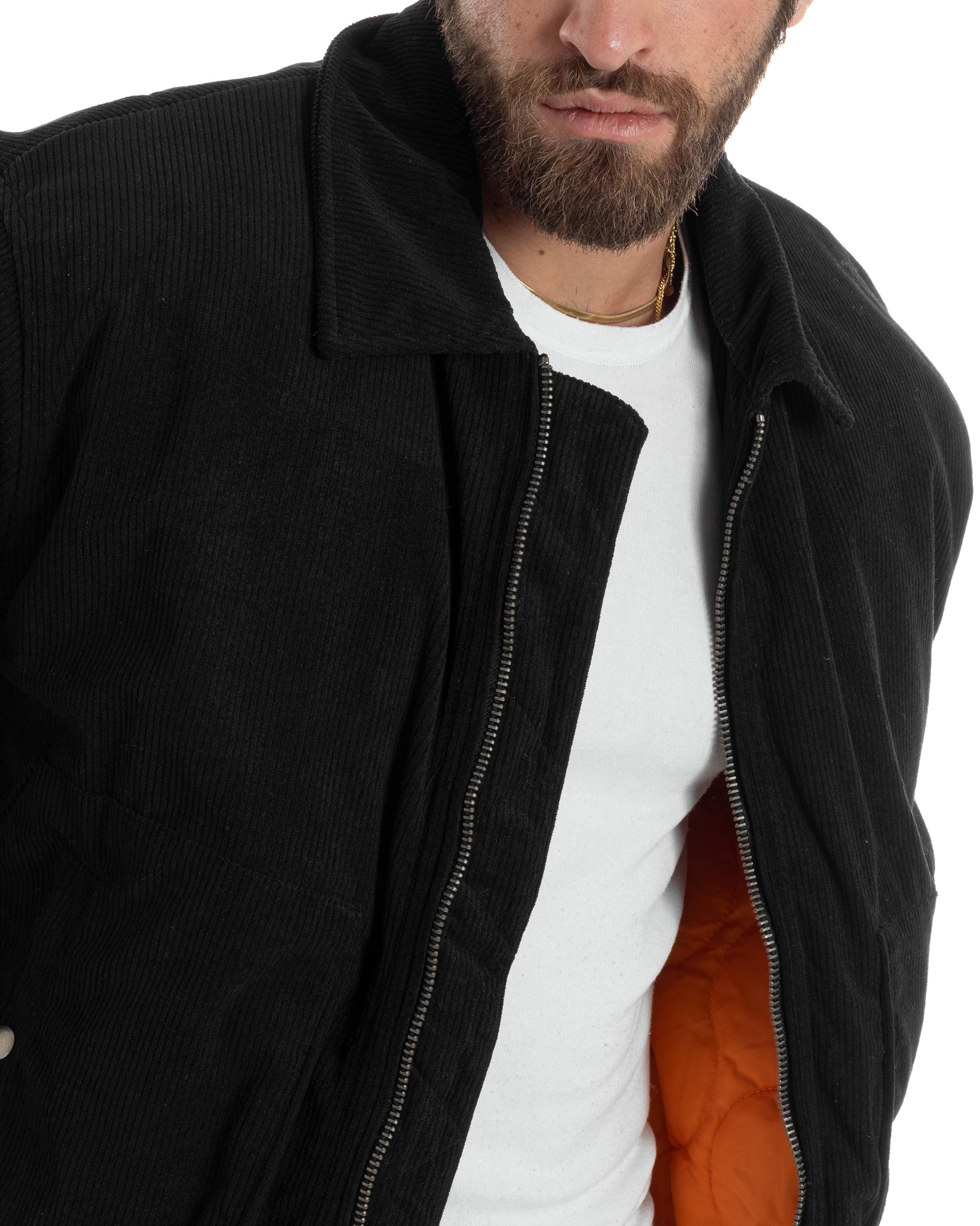 Giubbotto Uomo Velluto Rigato Giaccone Caldo Imbottito Bomber Con Collo Camicia E Tasconi Nero GIOSAL-G3254A