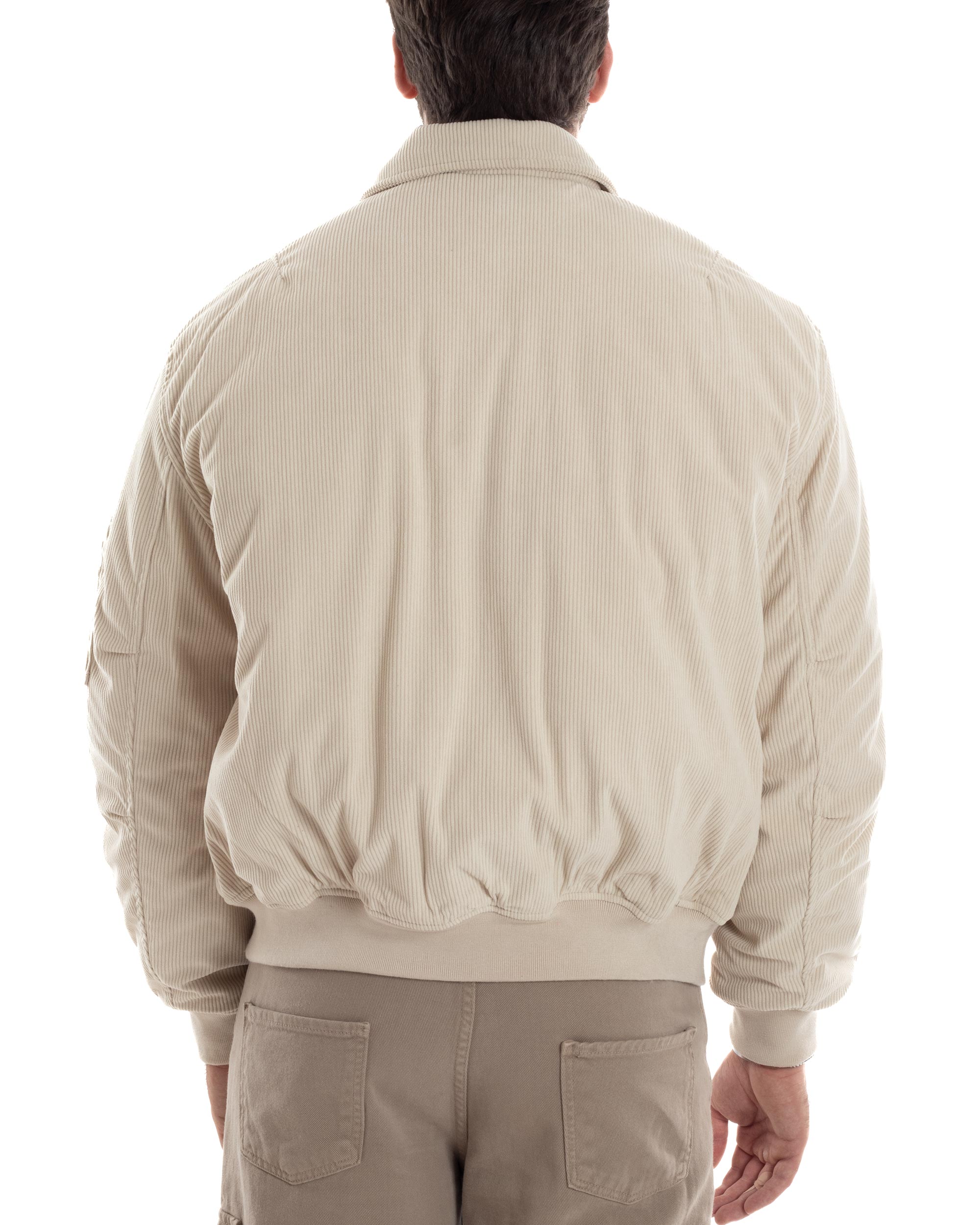 Giubbotto Uomo Velluto Rigato Giaccone Caldo Imbottito Bomber Con Collo Camicia E Tasconi Beige GIOSAL-G3255A