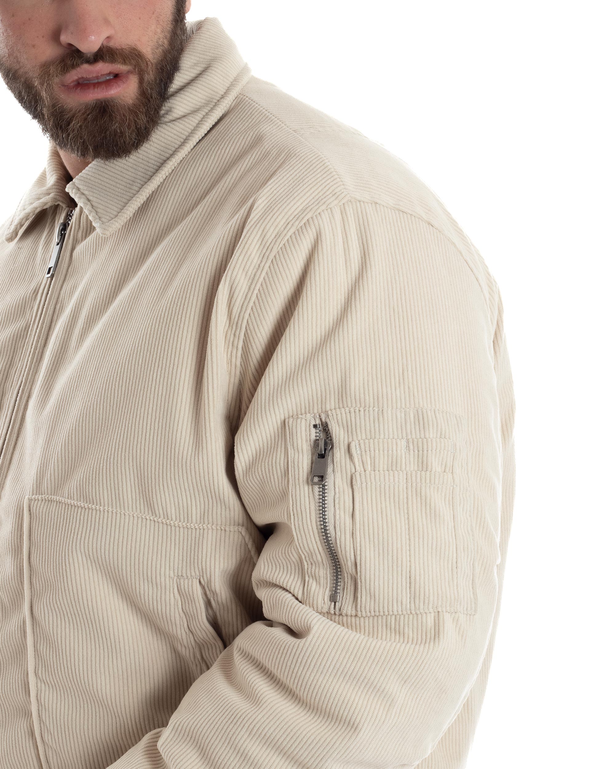 Giubbotto Uomo Velluto Rigato Giaccone Caldo Imbottito Bomber Con Collo Camicia E Tasconi Beige GIOSAL-G3255A