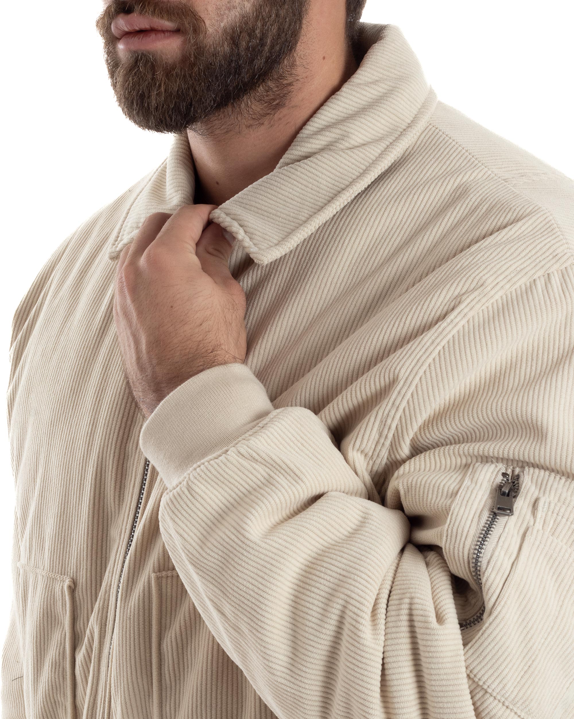 Giubbotto Uomo Velluto Rigato Giaccone Caldo Imbottito Bomber Con Collo Camicia E Tasconi Beige GIOSAL-G3255A