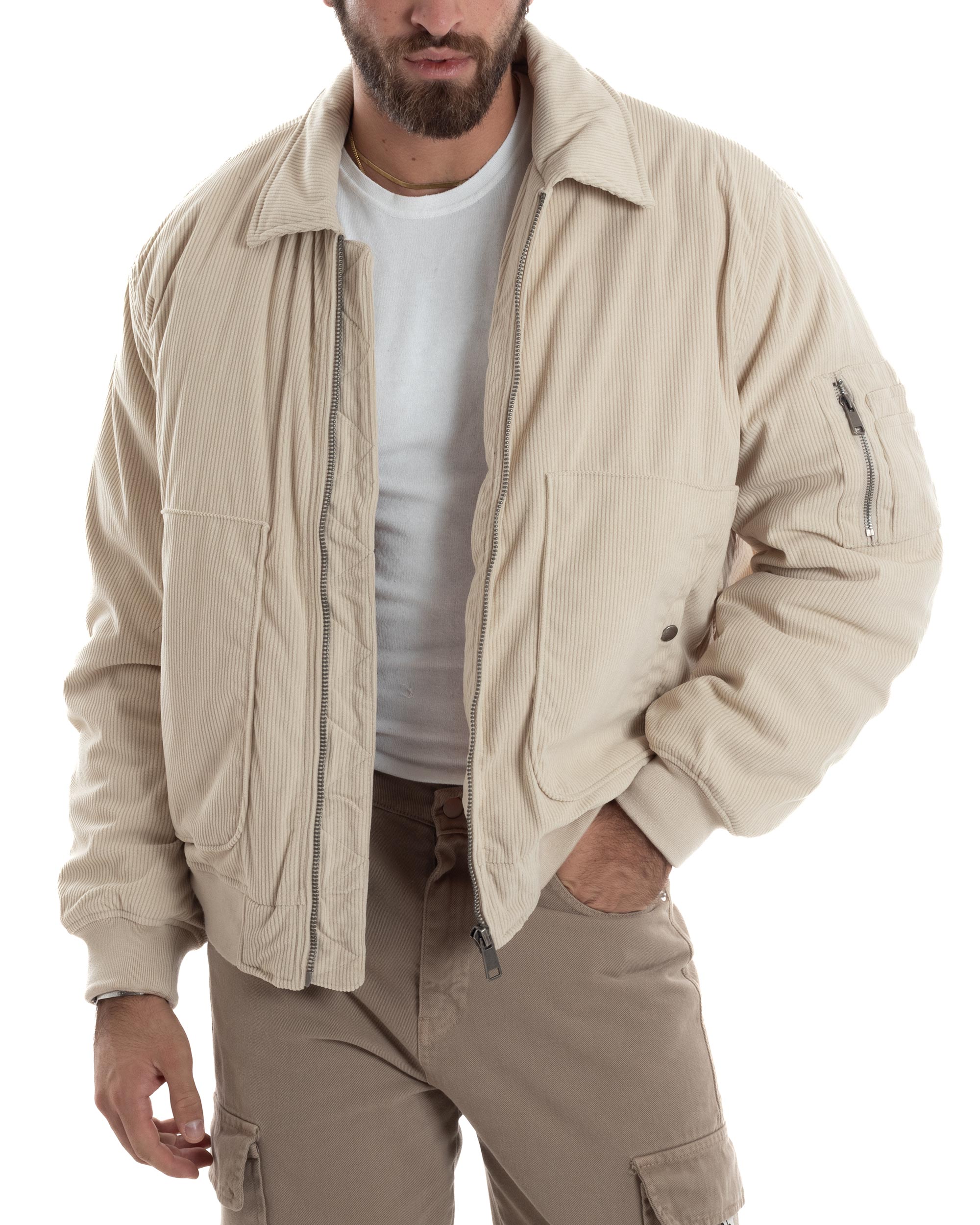 Giubbotto Uomo Velluto Rigato Giaccone Caldo Imbottito Bomber Con Collo Camicia E Tasconi Beige GIOSAL-G3255A