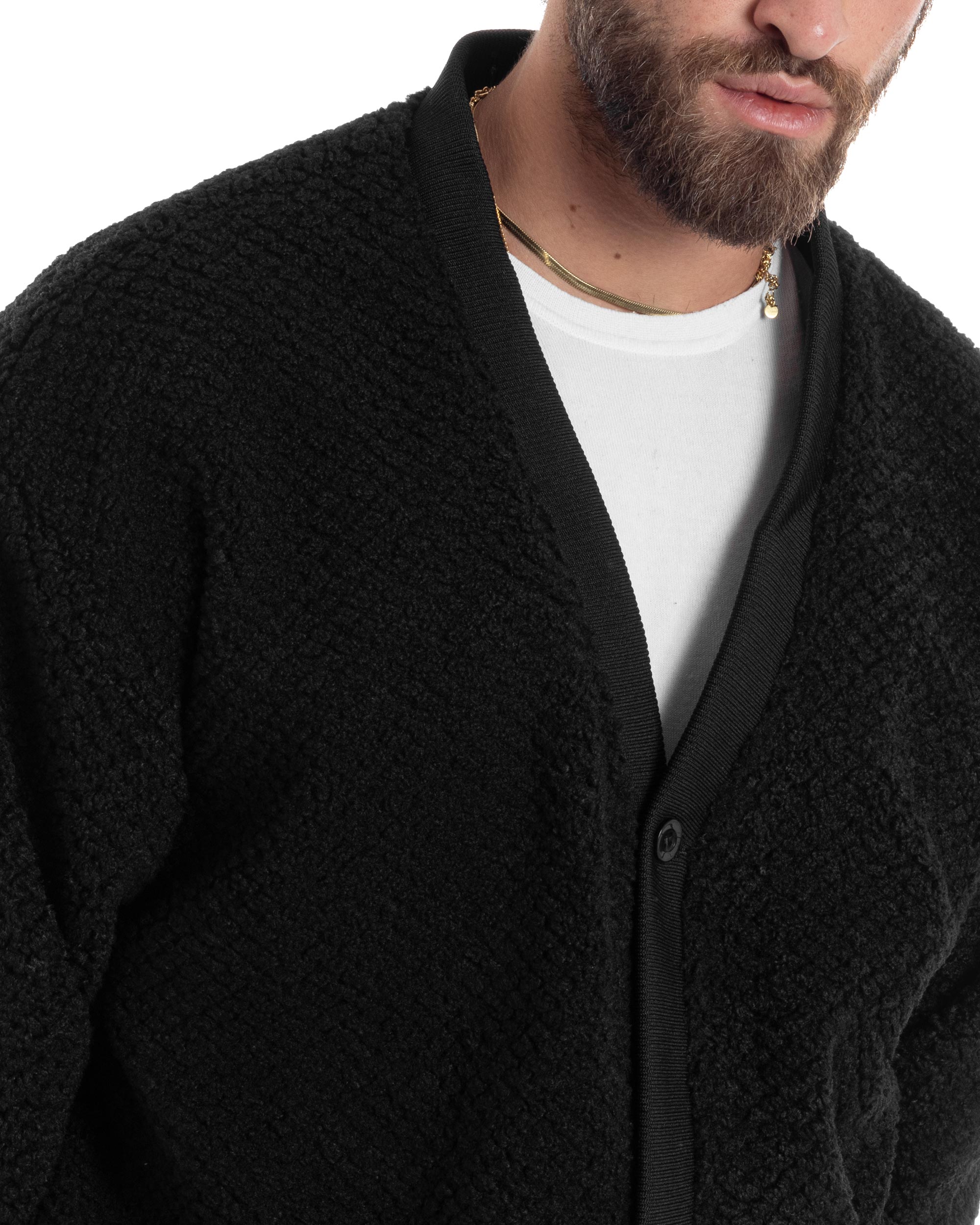 Giubbotto Uomo Cardigan Maglione Caldo Morbido Imbottito Giacca Casual Tinta Unita Nero GIOSAL-G3259A