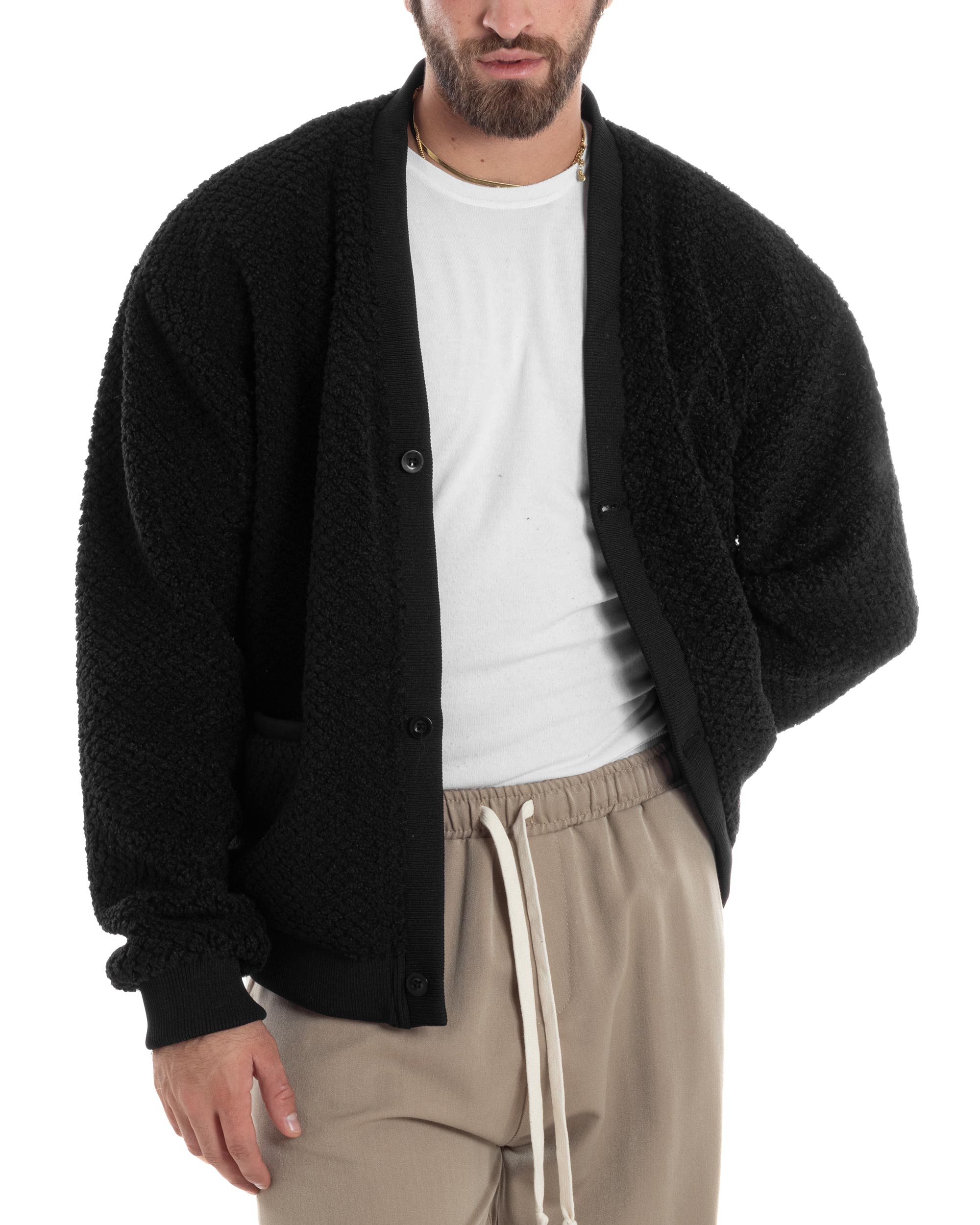 Giubbotto Uomo Cardigan Maglione Caldo Morbido Imbottito Giacca Casual Tinta Unita Nero GIOSAL-G3259A