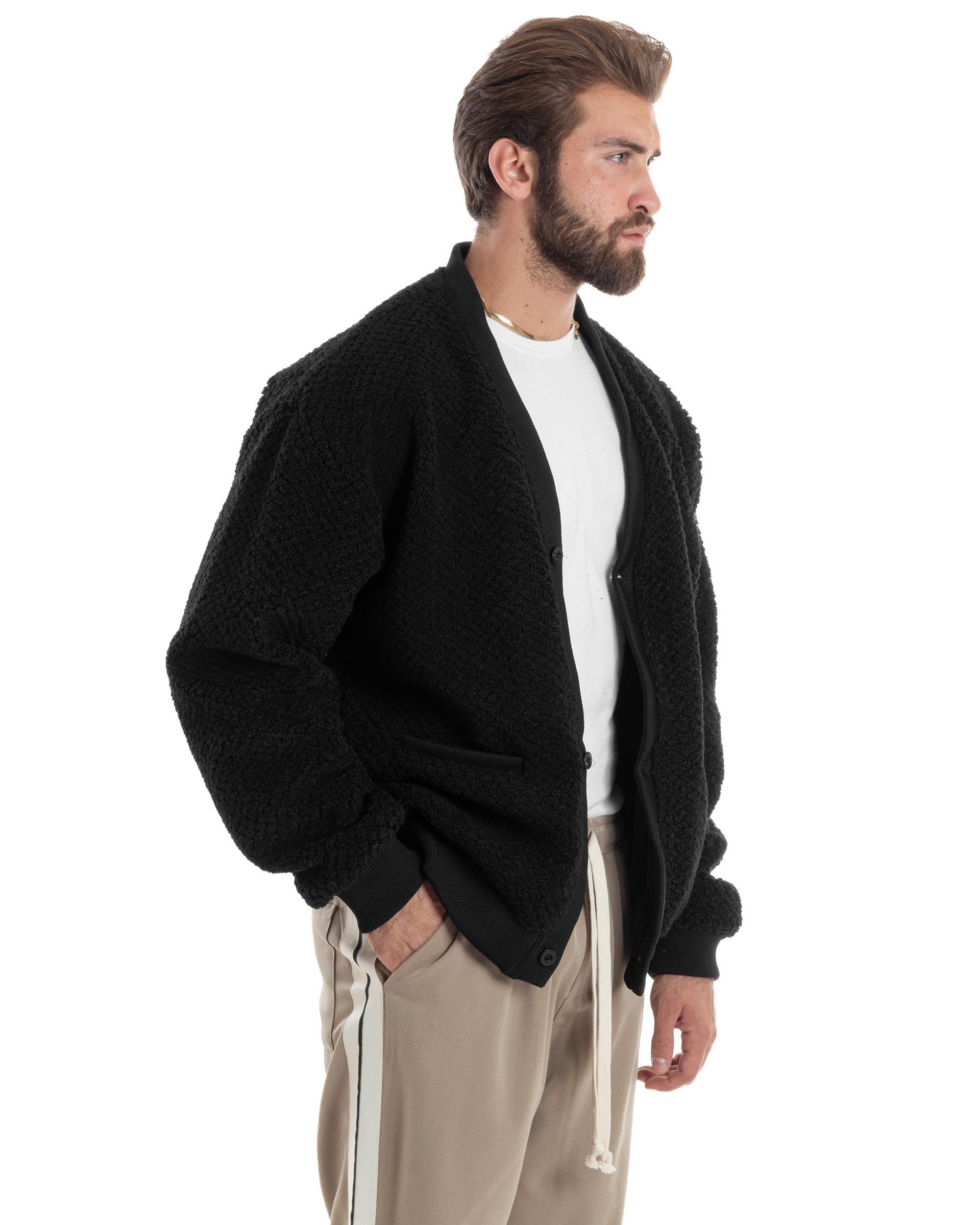 Giubbotto Uomo Cardigan Maglione Caldo Morbido Imbottito Giacca Casual Tinta Unita Nero GIOSAL-G3259A