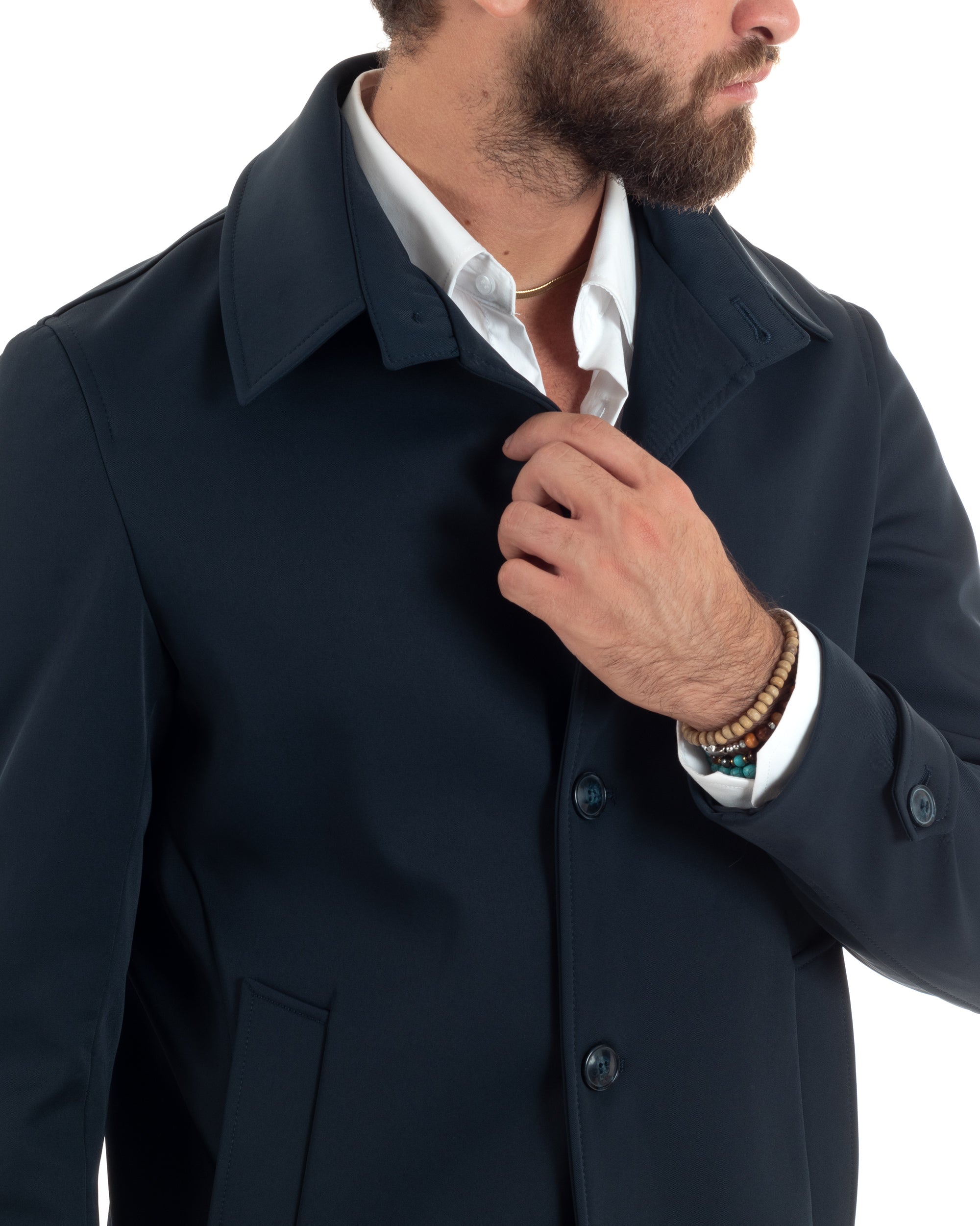 Men's Long Trench Coat Jacket With Collar Waterproof Fabric Blue GIOSAL-G3161A