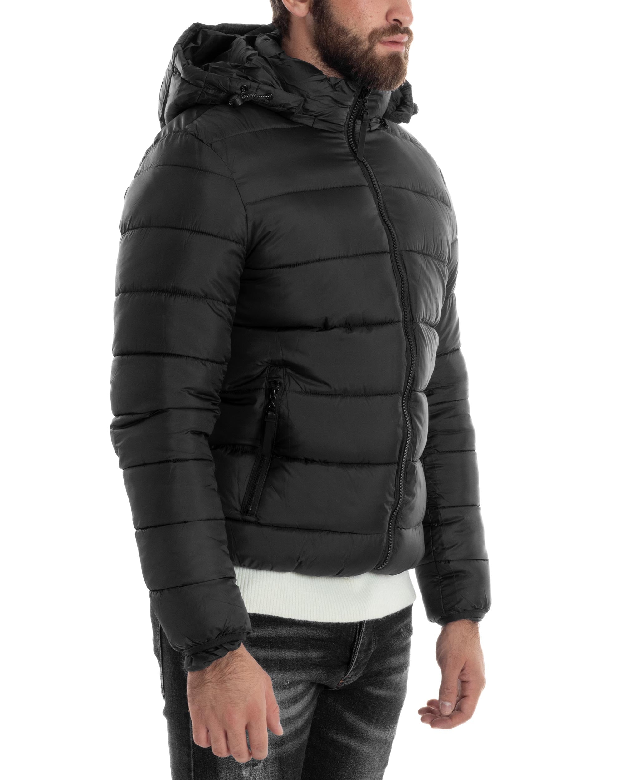 Giubbotto Uomo Bomber Con Cappuccio Piumino Imbottito Caldo Casual Basic Trapuntato Tinta Unita Nero GIOSAL-G3263A