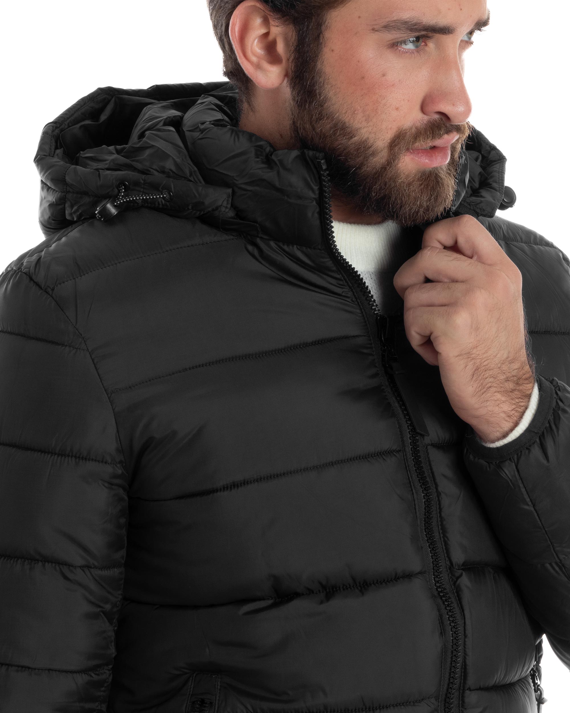 Giubbotto Uomo Bomber Con Cappuccio Piumino Imbottito Caldo Casual Basic Trapuntato Tinta Unita Nero GIOSAL-G3263A