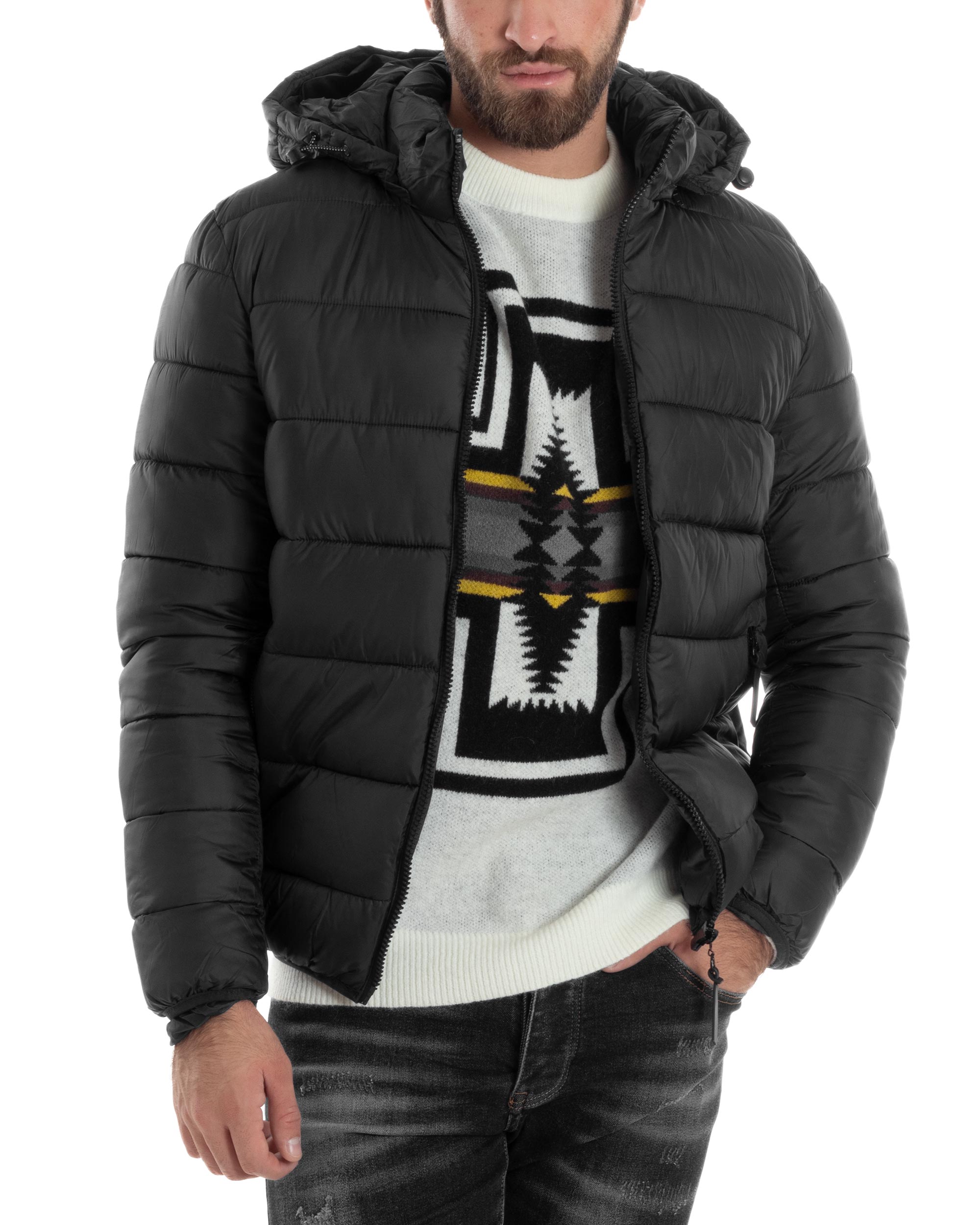 Giubbotto Uomo Bomber Con Cappuccio Piumino Imbottito Caldo Casual Basic Trapuntato Tinta Unita Nero GIOSAL-G3263A
