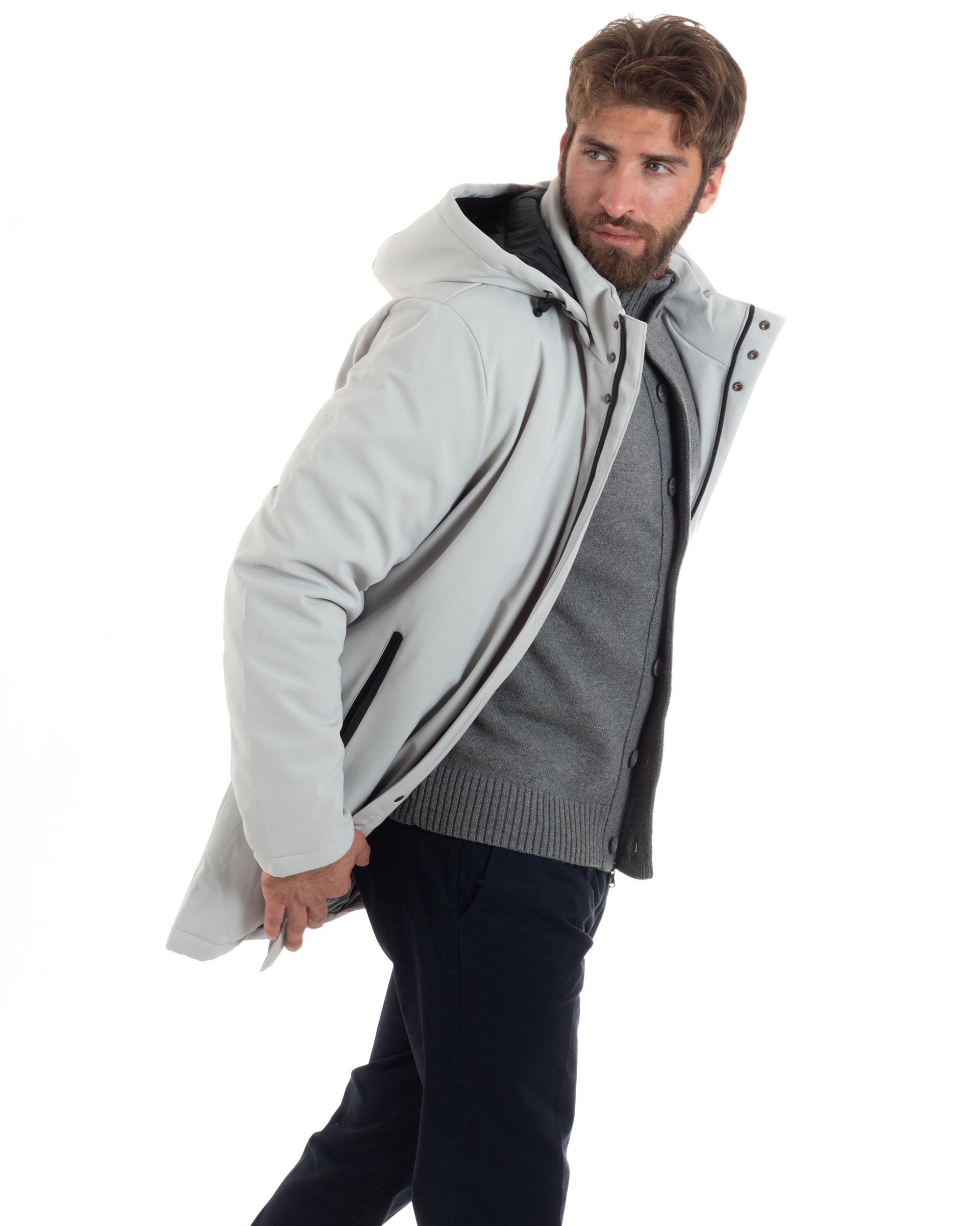Giubbotto Uomo Con Cappuccio Removibile Trench Tessuto Tecnico Impermeabile Antivento Giaccone Imbottito Lungo Ghiaccio GIOSAL-G3265A