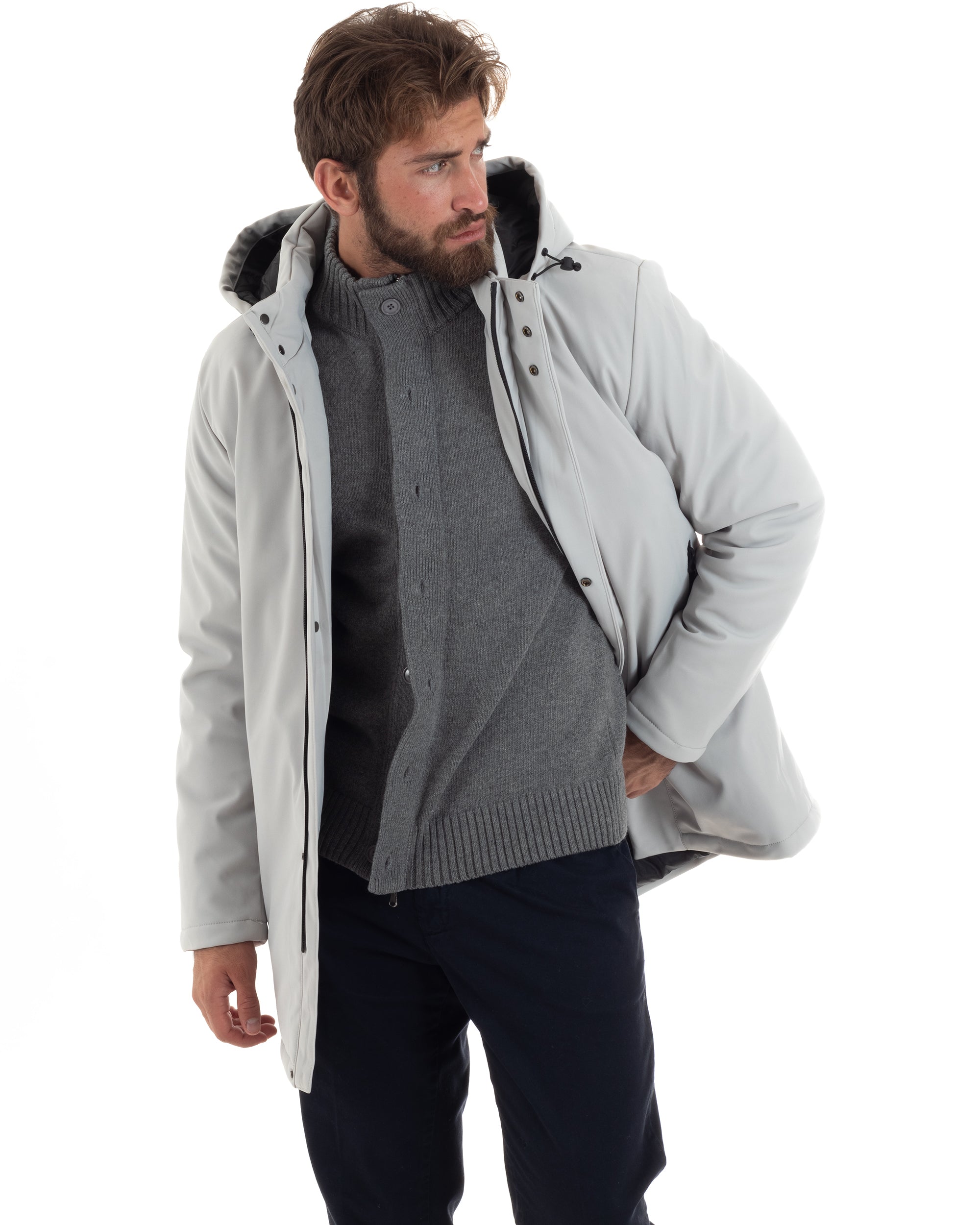 Giubbotto Uomo Con Cappuccio Removibile Trench Tessuto Tecnico Impermeabile Antivento Giaccone Imbottito Lungo Ghiaccio GIOSAL-G3265A