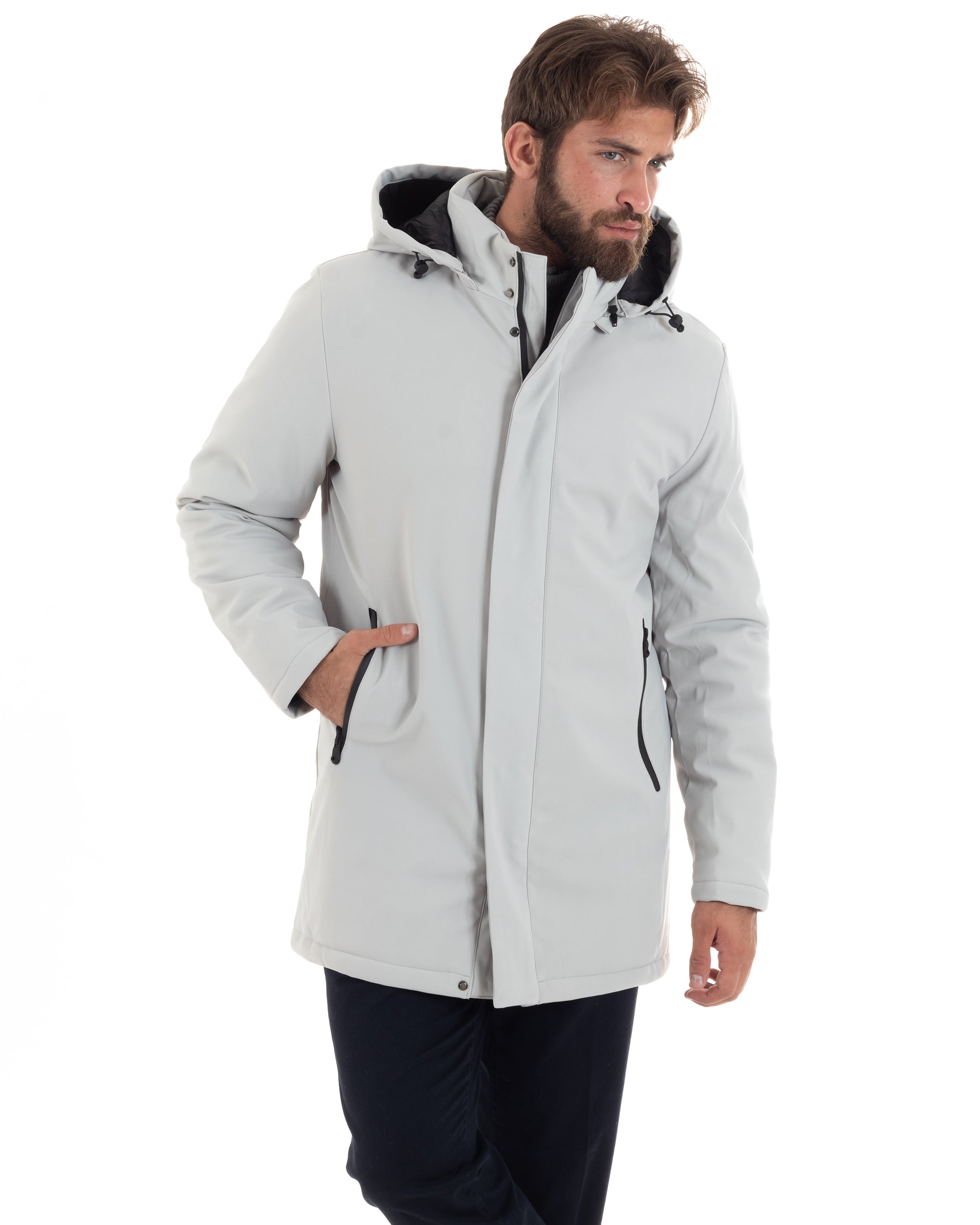 Giubbotto Uomo Con Cappuccio Removibile Trench Tessuto Tecnico Impermeabile Antivento Giaccone Imbottito Lungo Ghiaccio GIOSAL-G3265A