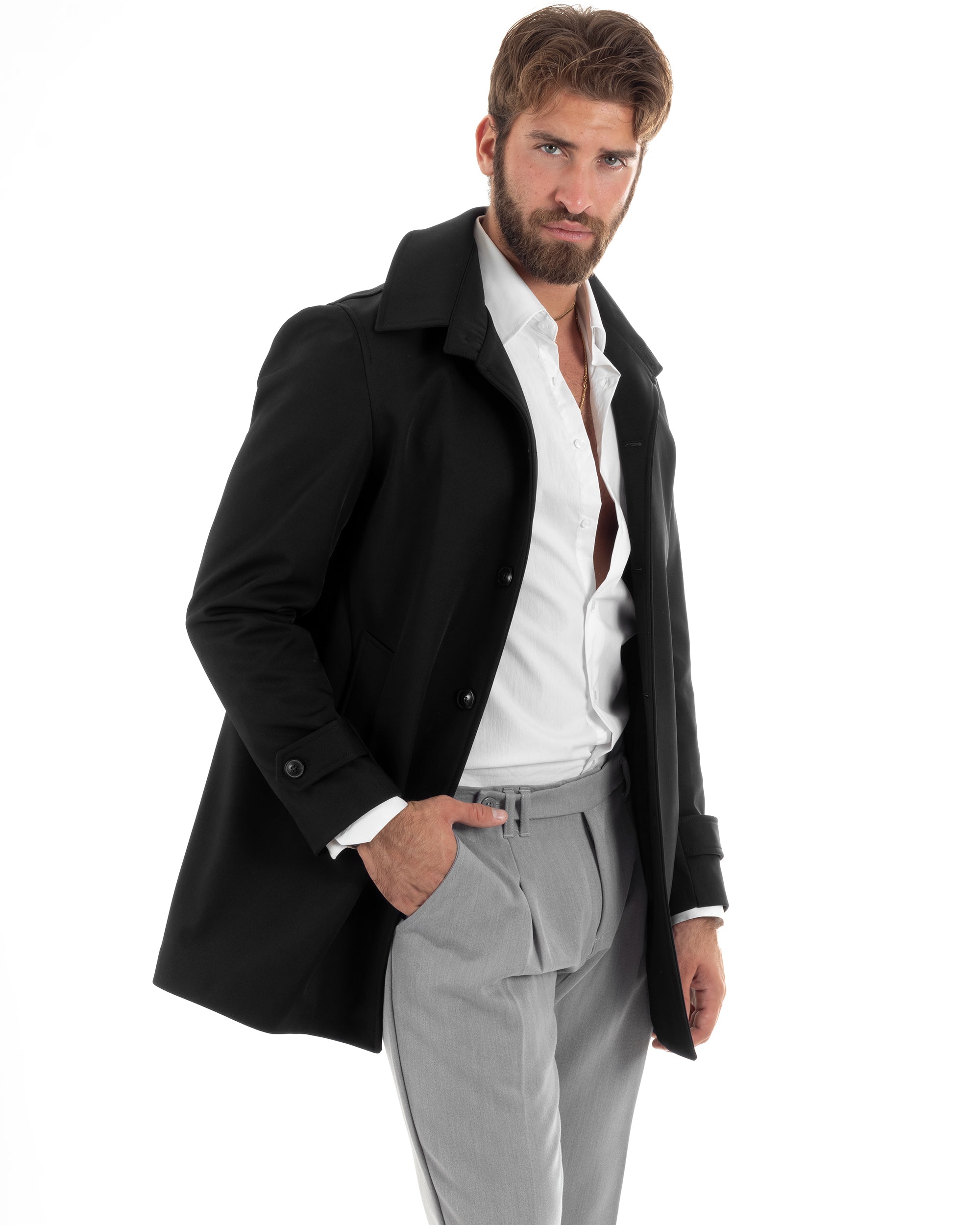Gefütterter Herren-Trenchcoat mit Kragen, lang, warm, wasserdicht, lässig, einfarbig, Schwarz, GIOSAL-G3268A