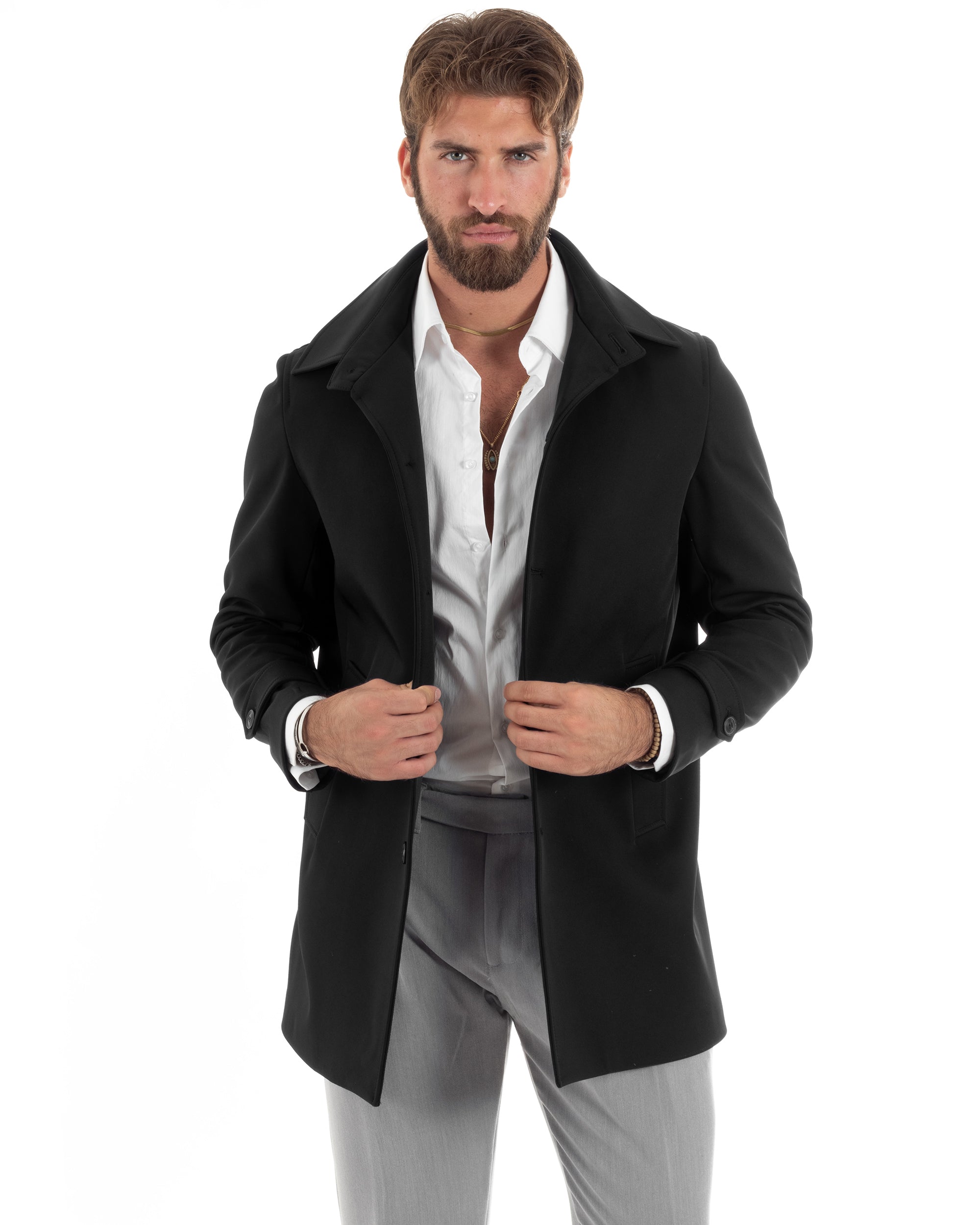 Gefütterter Herren-Trenchcoat mit Kragen, lang, warm, wasserdicht, lässig, einfarbig, Schwarz, GIOSAL-G3268A