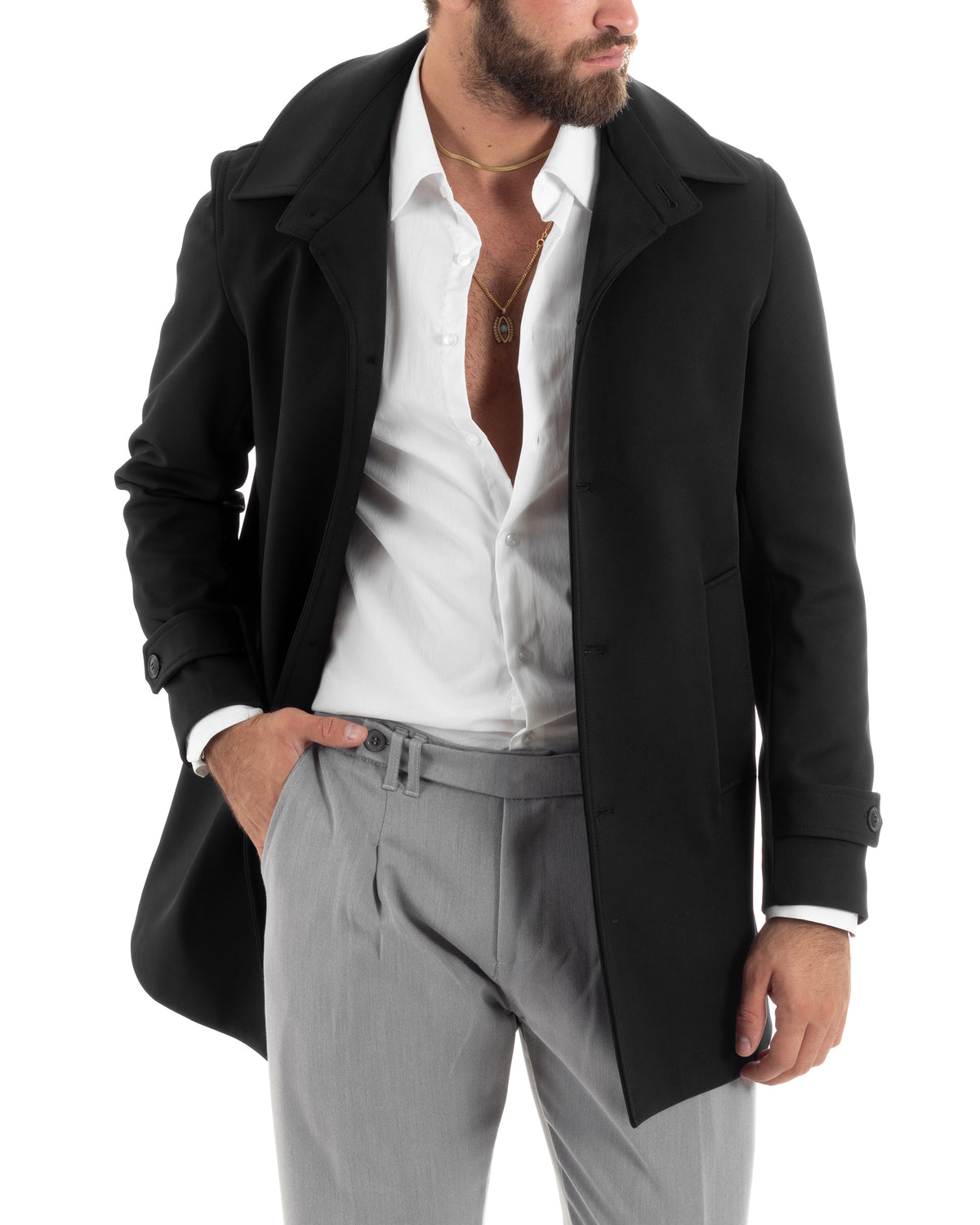 Gefütterter Herren-Trenchcoat mit Kragen, lang, warm, wasserdicht, lässig, einfarbig, Schwarz, GIOSAL-G3268A