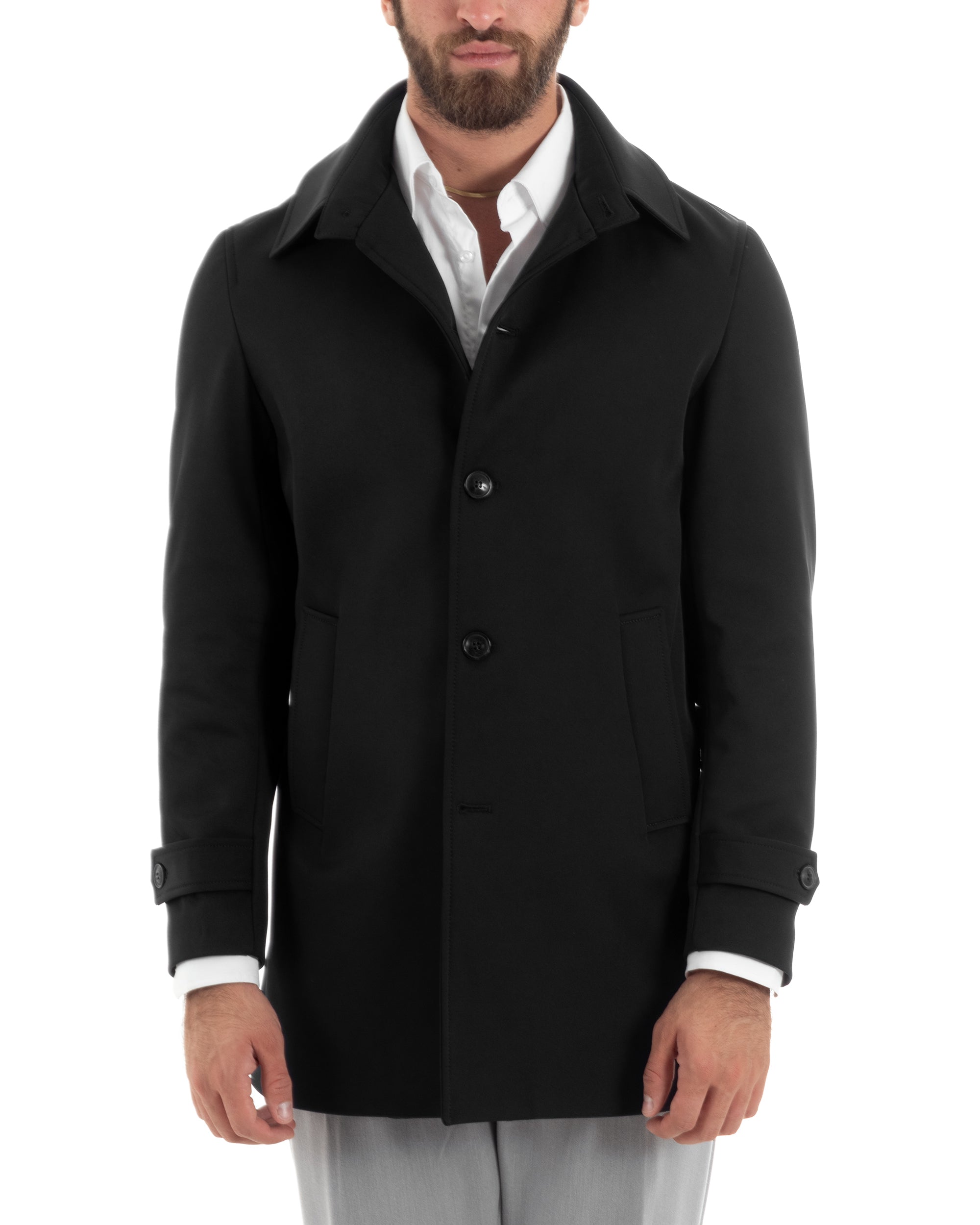 Gefütterter Herren-Trenchcoat mit Kragen, lang, warm, wasserdicht, lässig, einfarbig, Schwarz, GIOSAL-G3268A