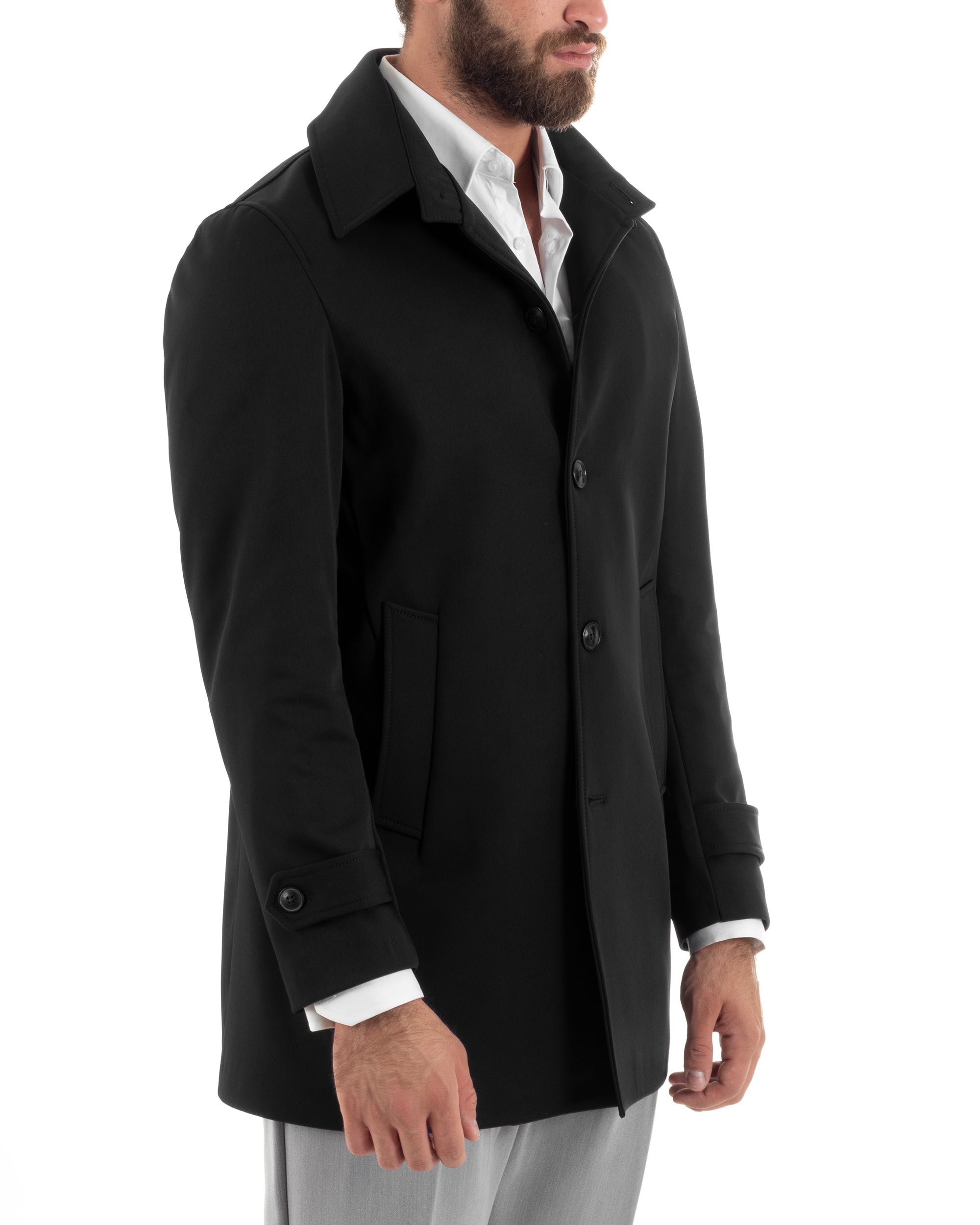 Gefütterter Herren-Trenchcoat mit Kragen, lang, warm, wasserdicht, lässig, einfarbig, Schwarz, GIOSAL-G3268A