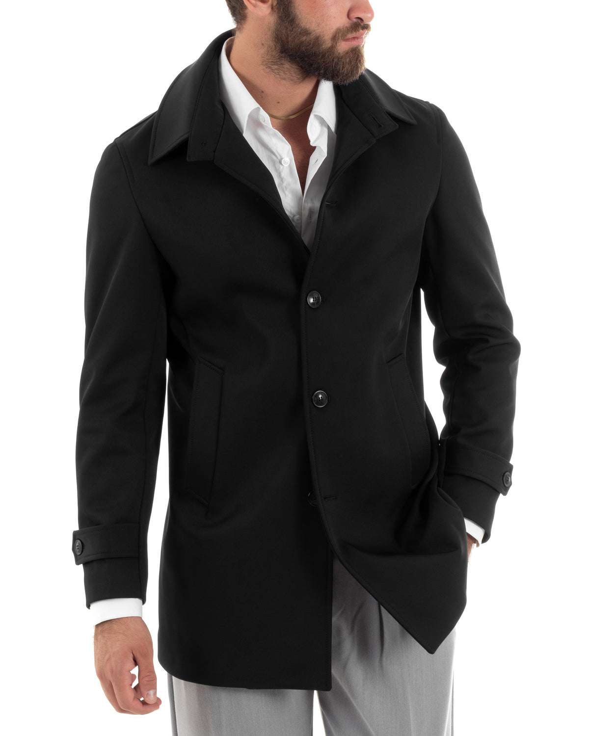Gefütterter Herren-Trenchcoat mit Kragen, lang, warm, wasserdicht, lässig, einfarbig, Schwarz, GIOSAL-G3268A