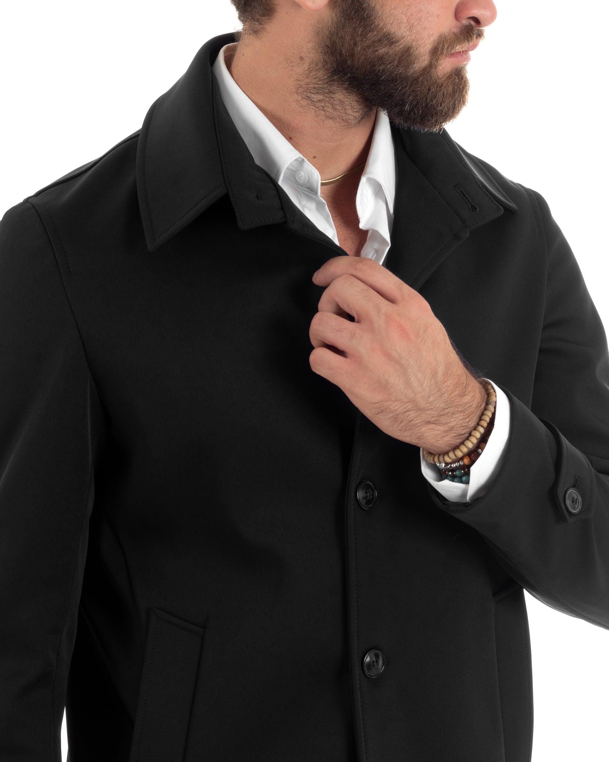 Gefütterter Herren-Trenchcoat mit Kragen, lang, warm, wasserdicht, lässig, einfarbig, Schwarz, GIOSAL-G3268A