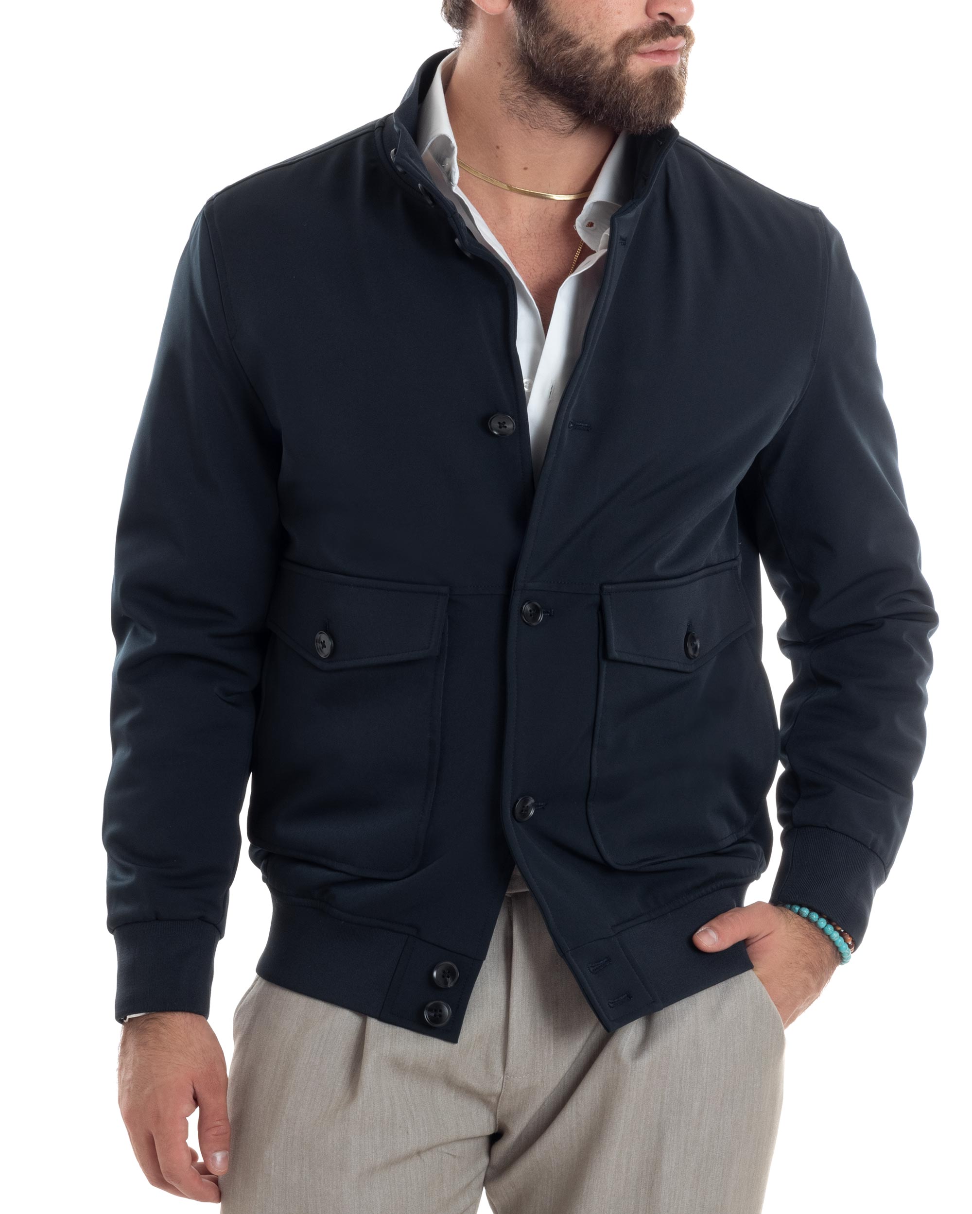 Giubbotto Uomo Giacca College Con Bottoni Tessuto Tecnico Tasche Con Patta Bomber Imbottito Caldo Blu GIOSAL-G3273A