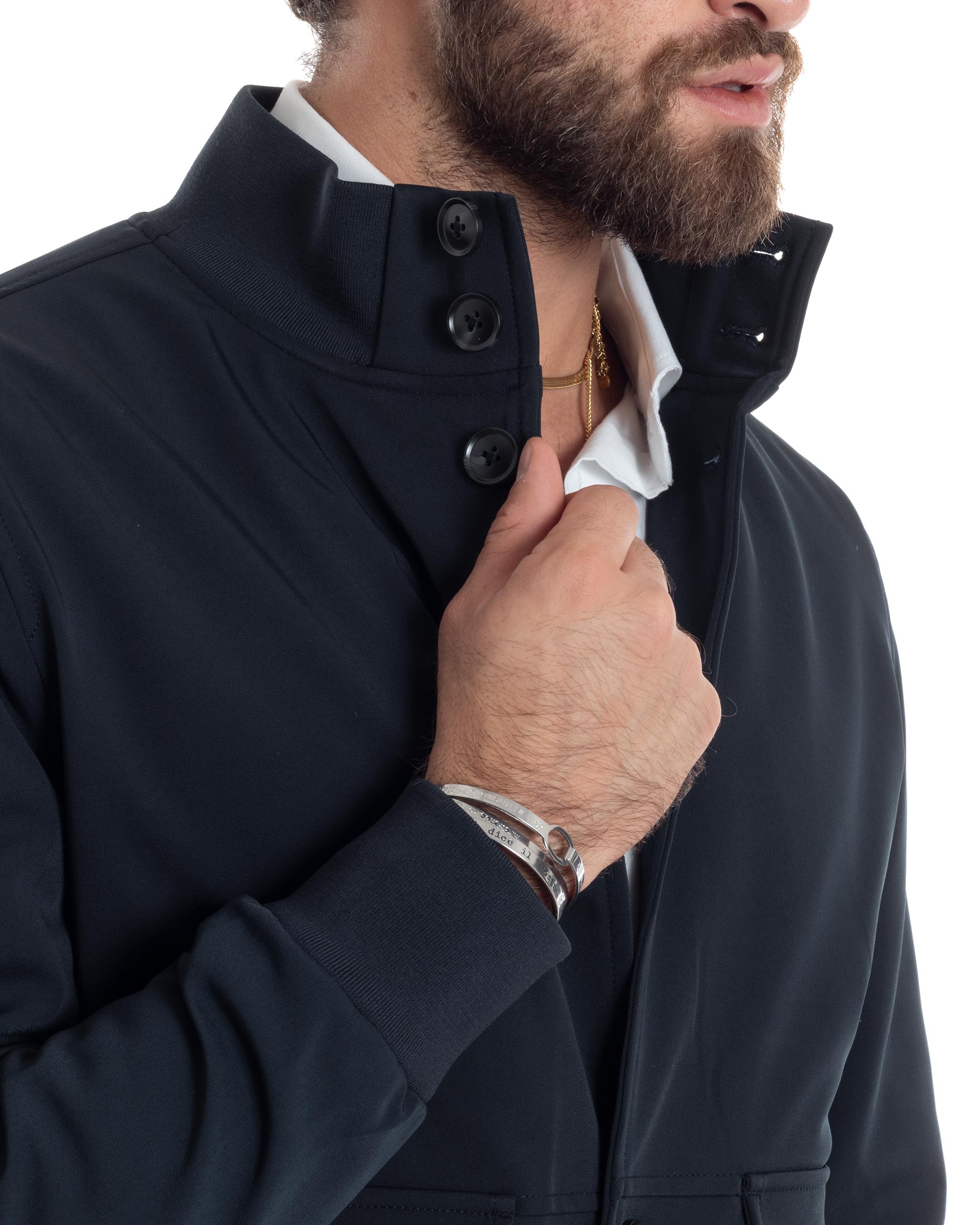 Giubbotto Uomo Giacca College Con Bottoni Tessuto Tecnico Tasche Con Patta Bomber Imbottito Caldo Blu GIOSAL-G3273A