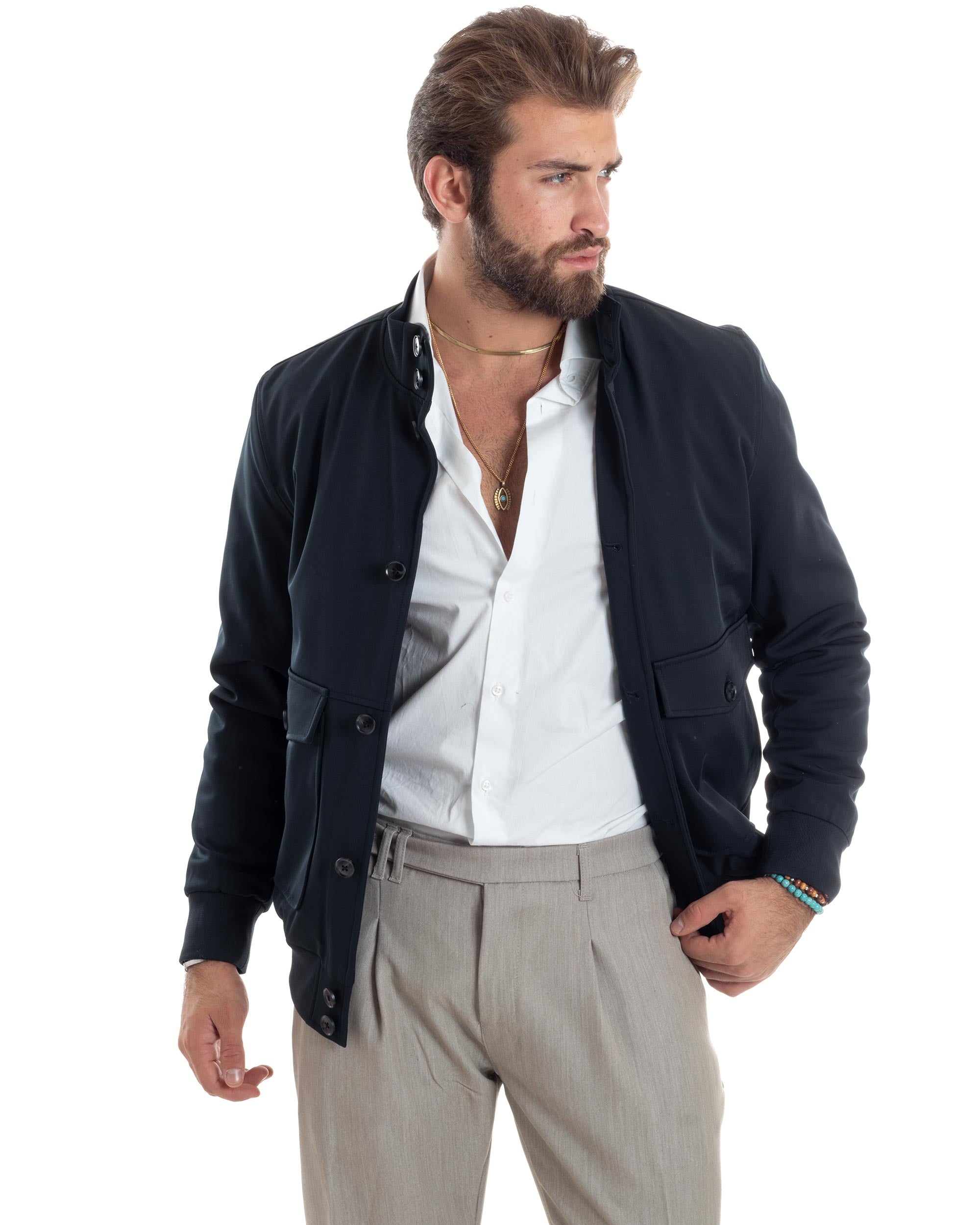 Giubbotto Uomo Giacca College Con Bottoni Tessuto Tecnico Tasche Con Patta Bomber Imbottito Caldo Blu GIOSAL-G3273A