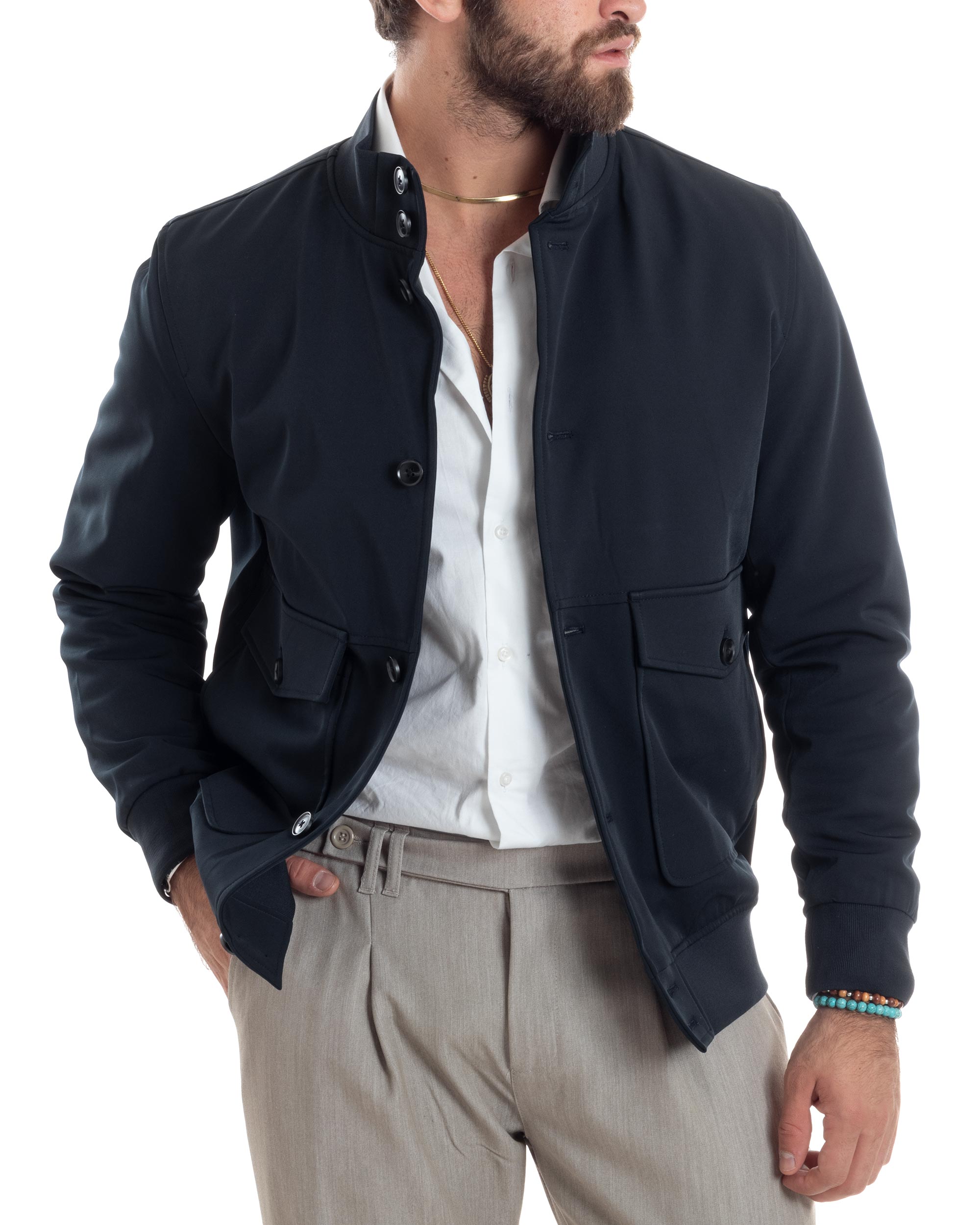 Giubbotto Uomo Giacca College Con Bottoni Tessuto Tecnico Tasche Con Patta Bomber Imbottito Caldo Blu GIOSAL-G3273A