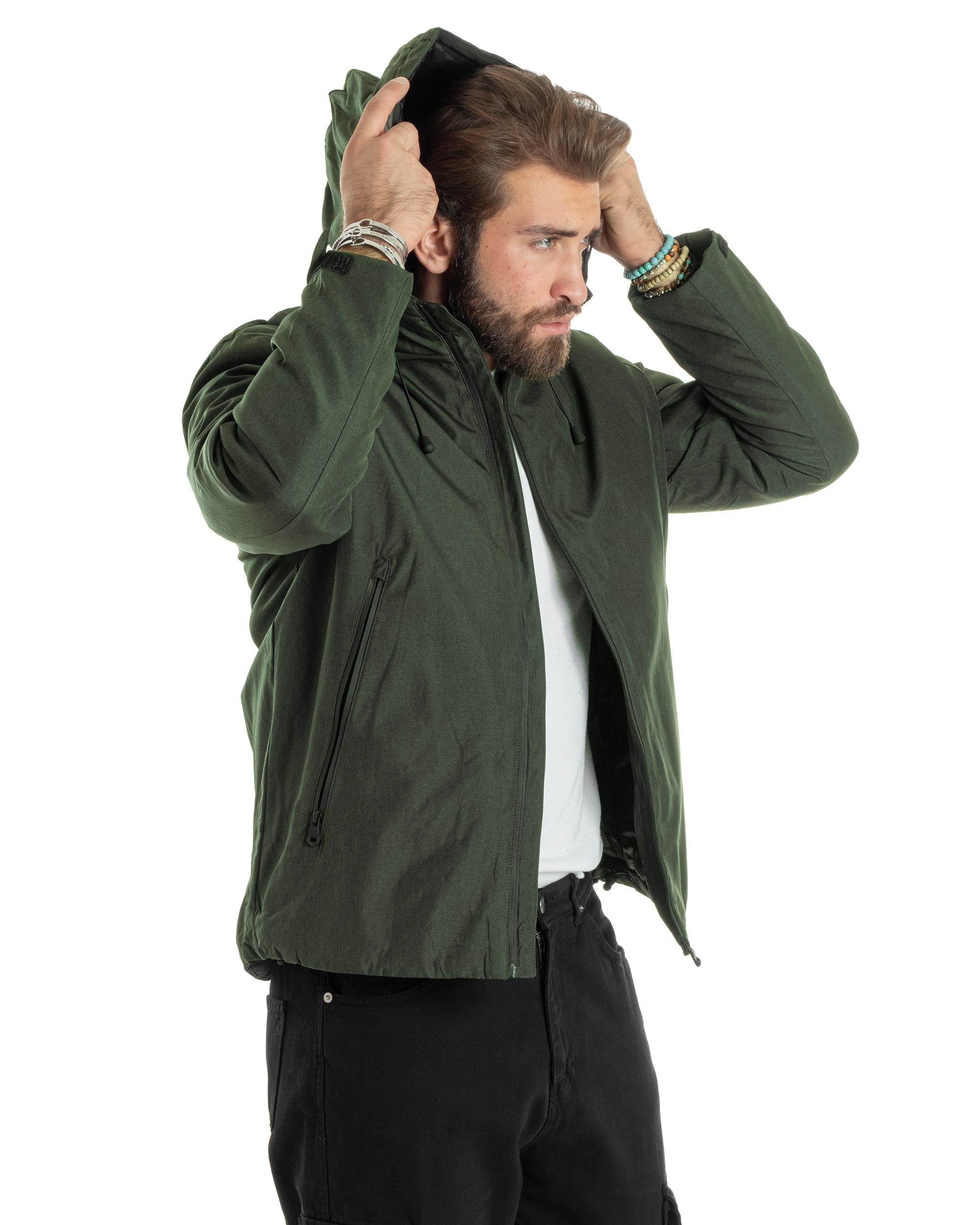 Giubbotto Uomo Con Cappuccio Tessuto Tecnico Giacca Imbottita Calda Tinta Unita Casual Verde Melangiato GIOSAL-G3276A