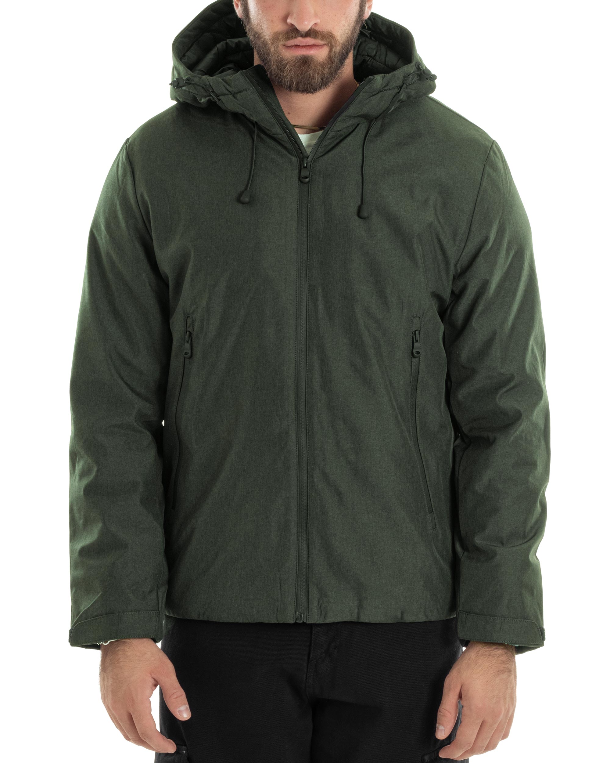 Giubbotto Uomo Con Cappuccio Tessuto Tecnico Giacca Imbottita Calda Tinta Unita Casual Verde Melangiato GIOSAL-G3276A