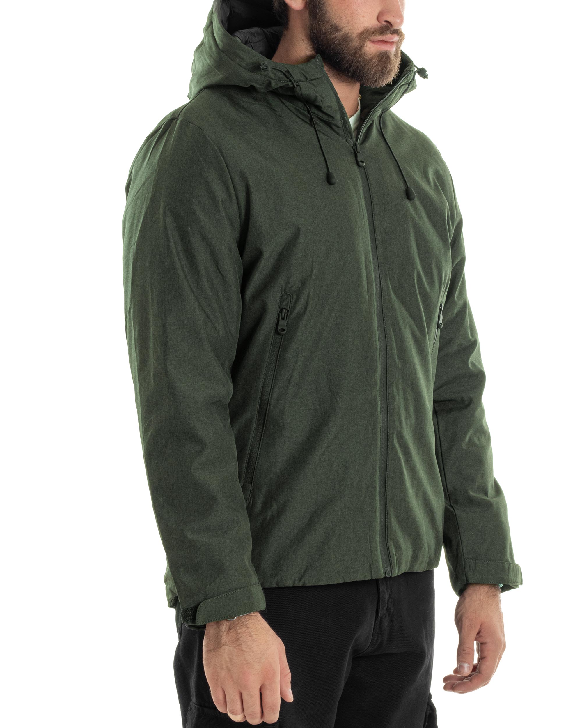 Giubbotto Uomo Con Cappuccio Tessuto Tecnico Giacca Imbottita Calda Tinta Unita Casual Verde Melangiato GIOSAL-G3276A
