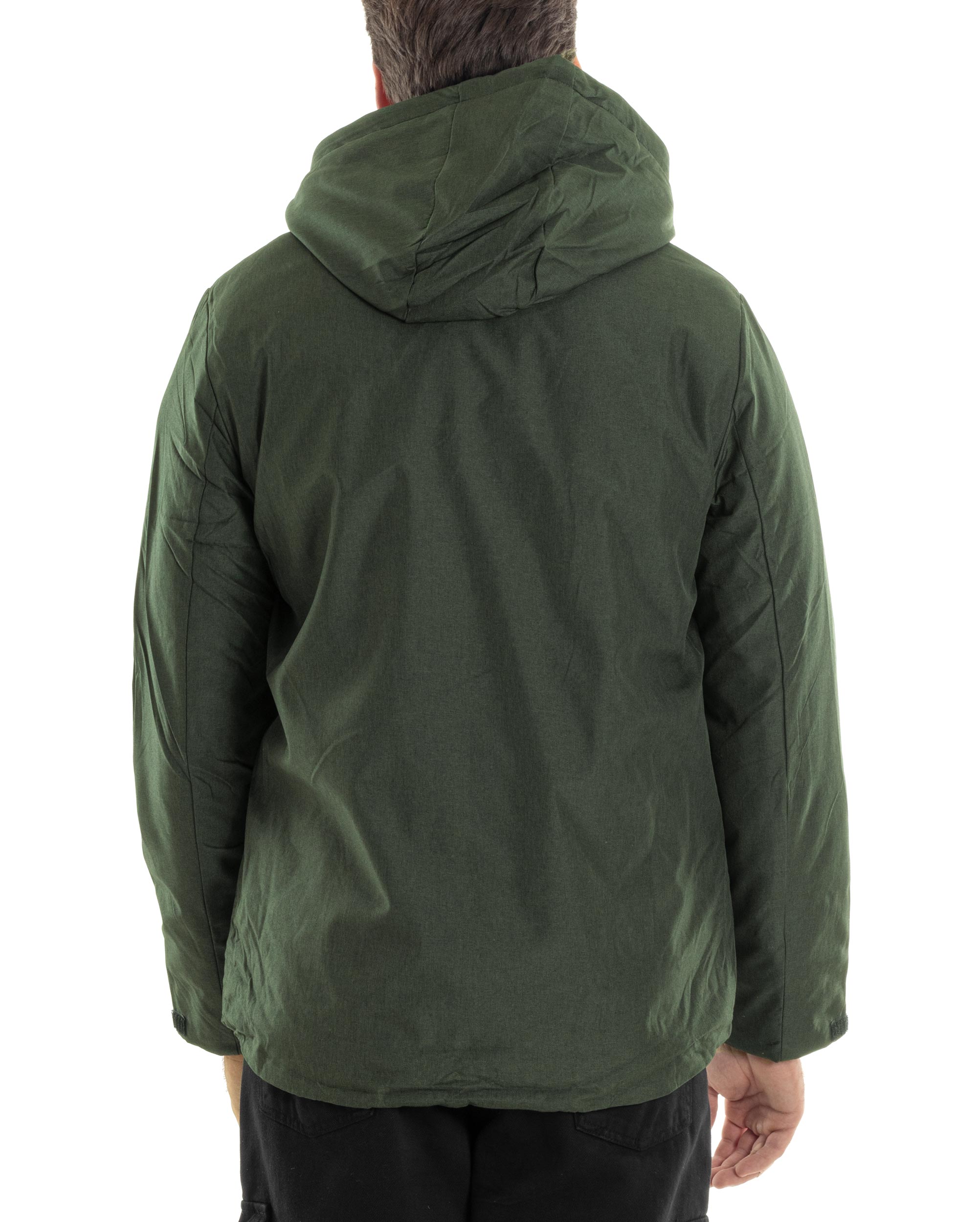 Giubbotto Uomo Con Cappuccio Tessuto Tecnico Giacca Imbottita Calda Tinta Unita Casual Verde Melangiato GIOSAL-G3276A