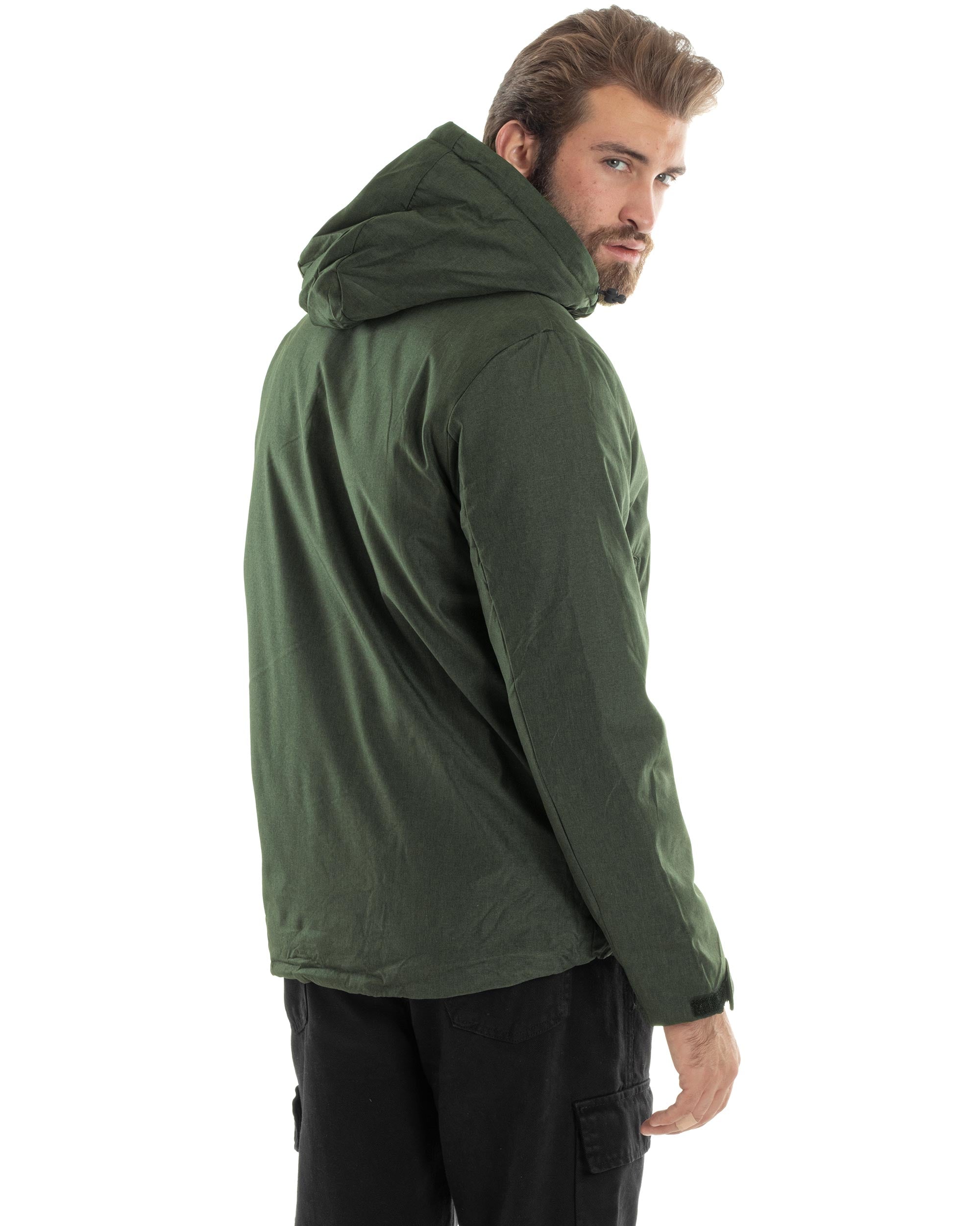 Giubbotto Uomo Con Cappuccio Tessuto Tecnico Giacca Imbottita Calda Tinta Unita Casual Verde Melangiato GIOSAL-G3276A