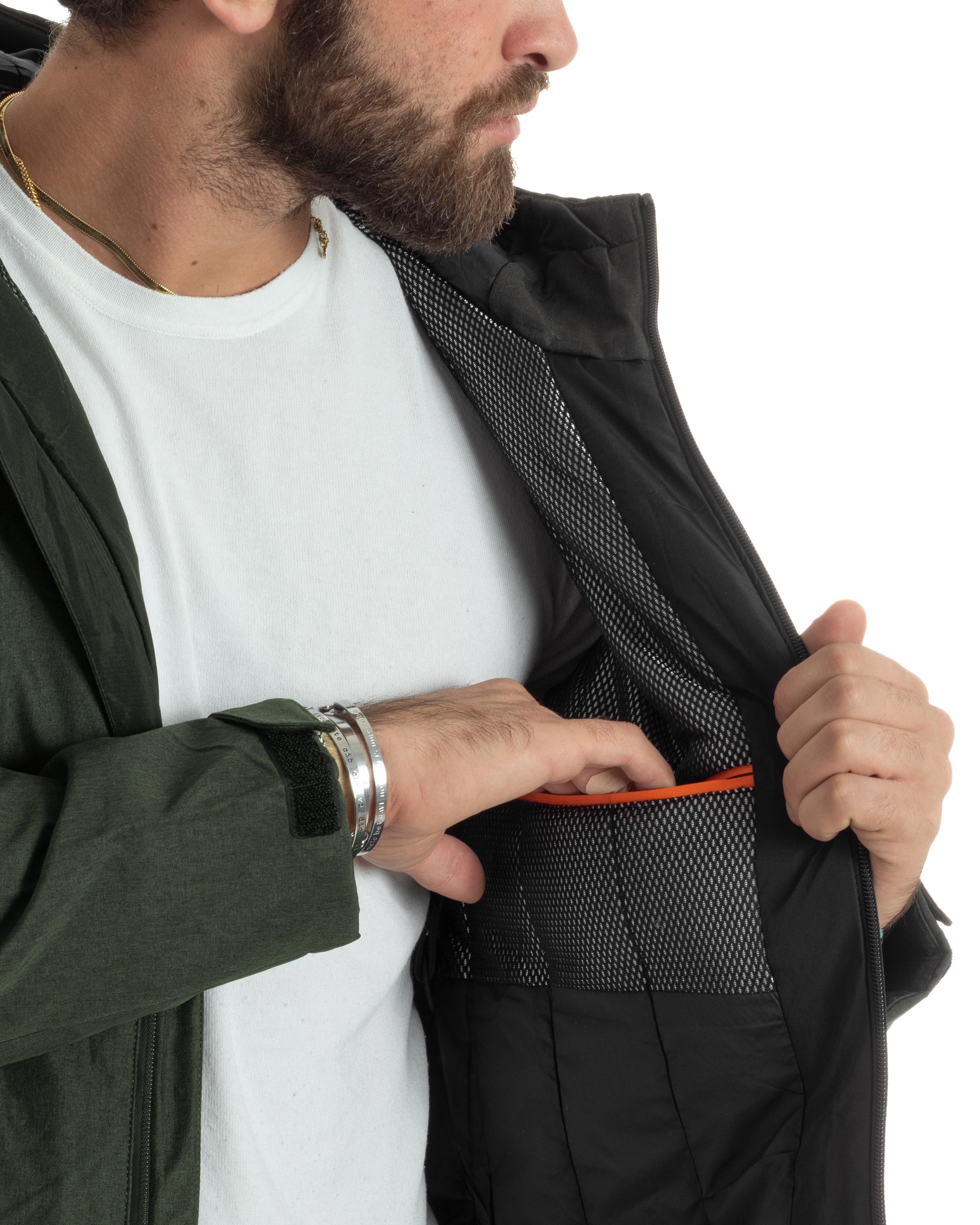 Giubbotto Uomo Con Cappuccio Tessuto Tecnico Giacca Imbottita Calda Tinta Unita Casual Verde Melangiato GIOSAL-G3276A