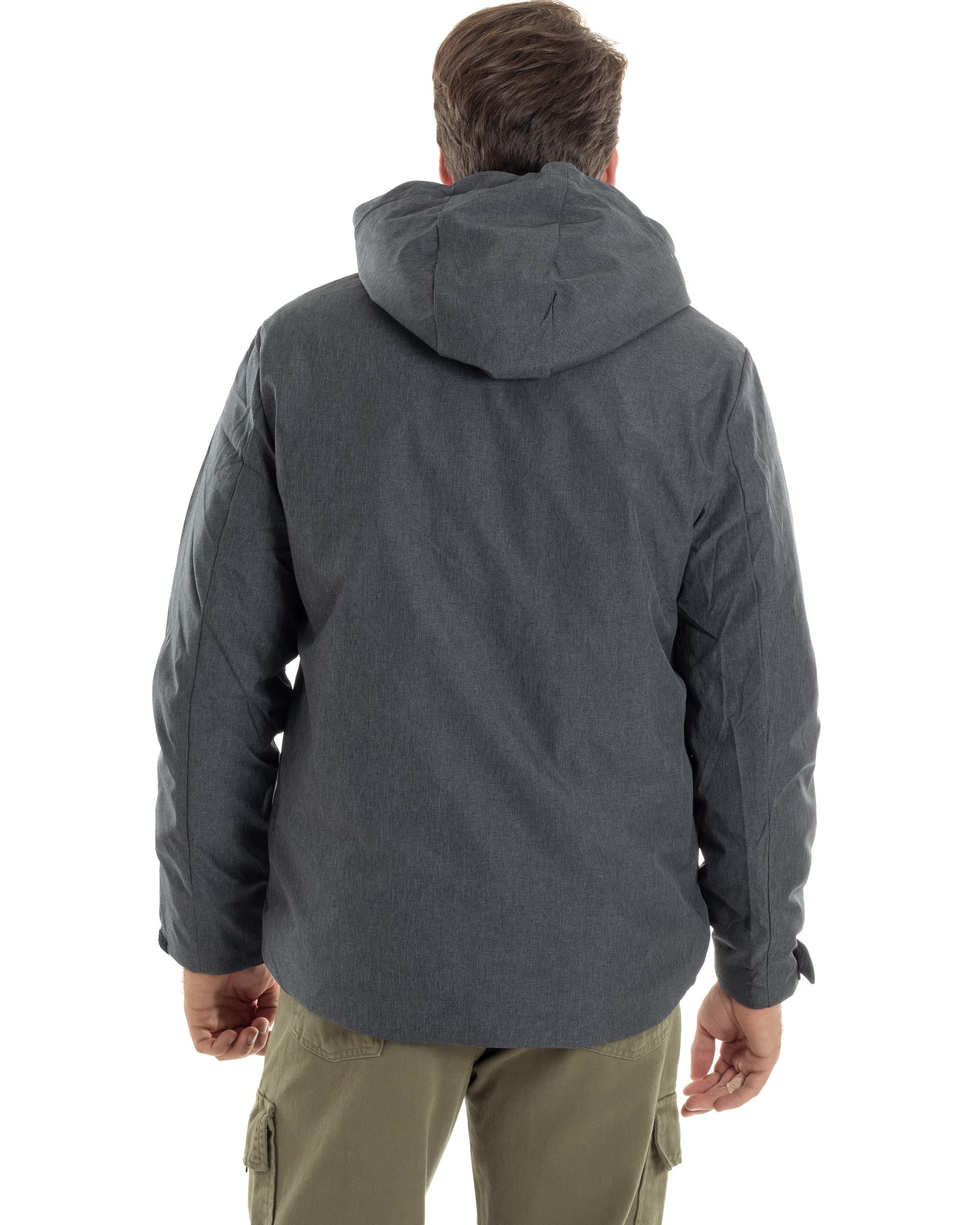Giubbotto Uomo Con Cappuccio Tessuto Tecnico Giacca Imbottita Calda Tinta Unita Casual Nero Melangiato GIOSAL-G3277A