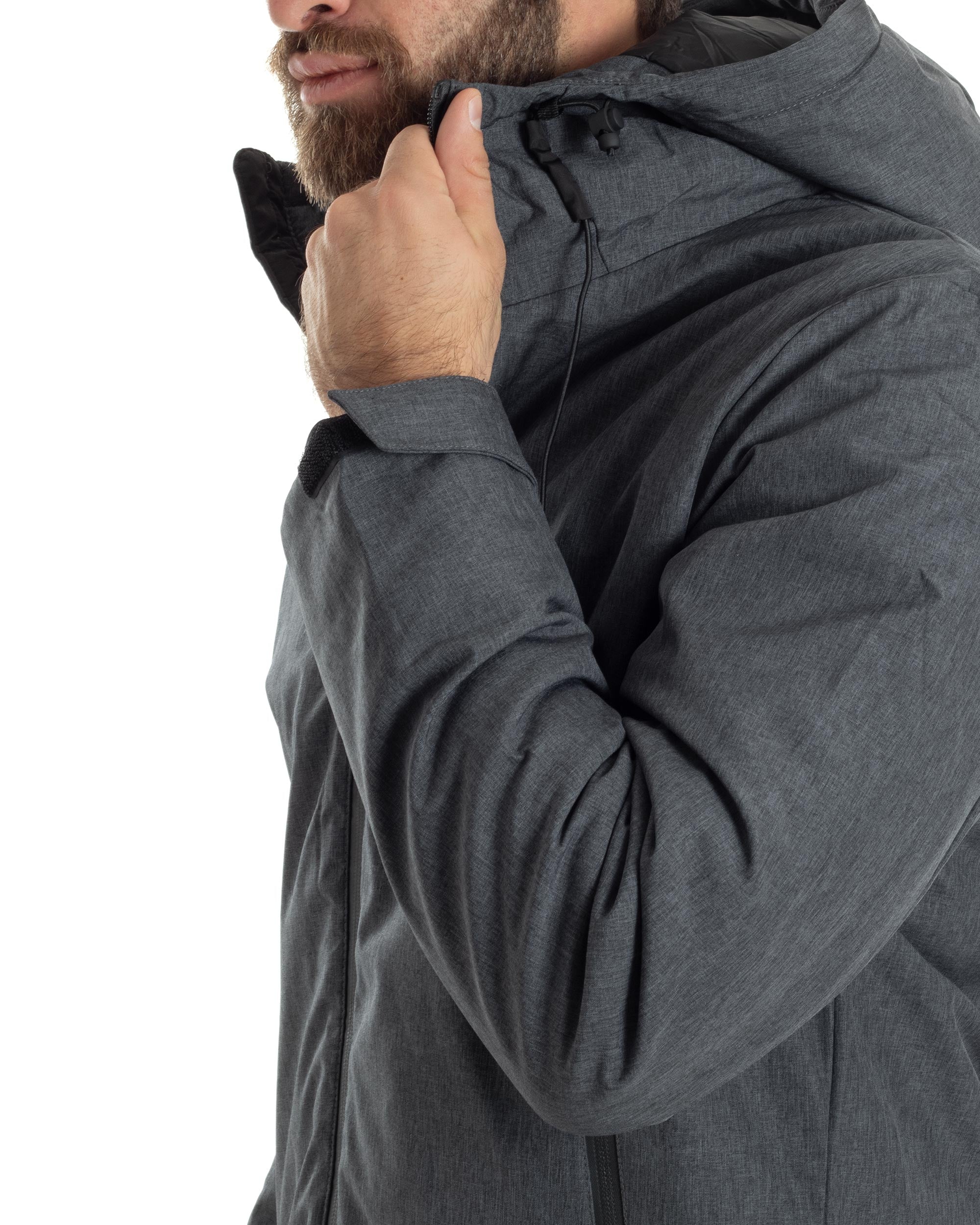 Giubbotto Uomo Con Cappuccio Tessuto Tecnico Giacca Imbottita Calda Tinta Unita Casual Nero Melangiato GIOSAL-G3277A