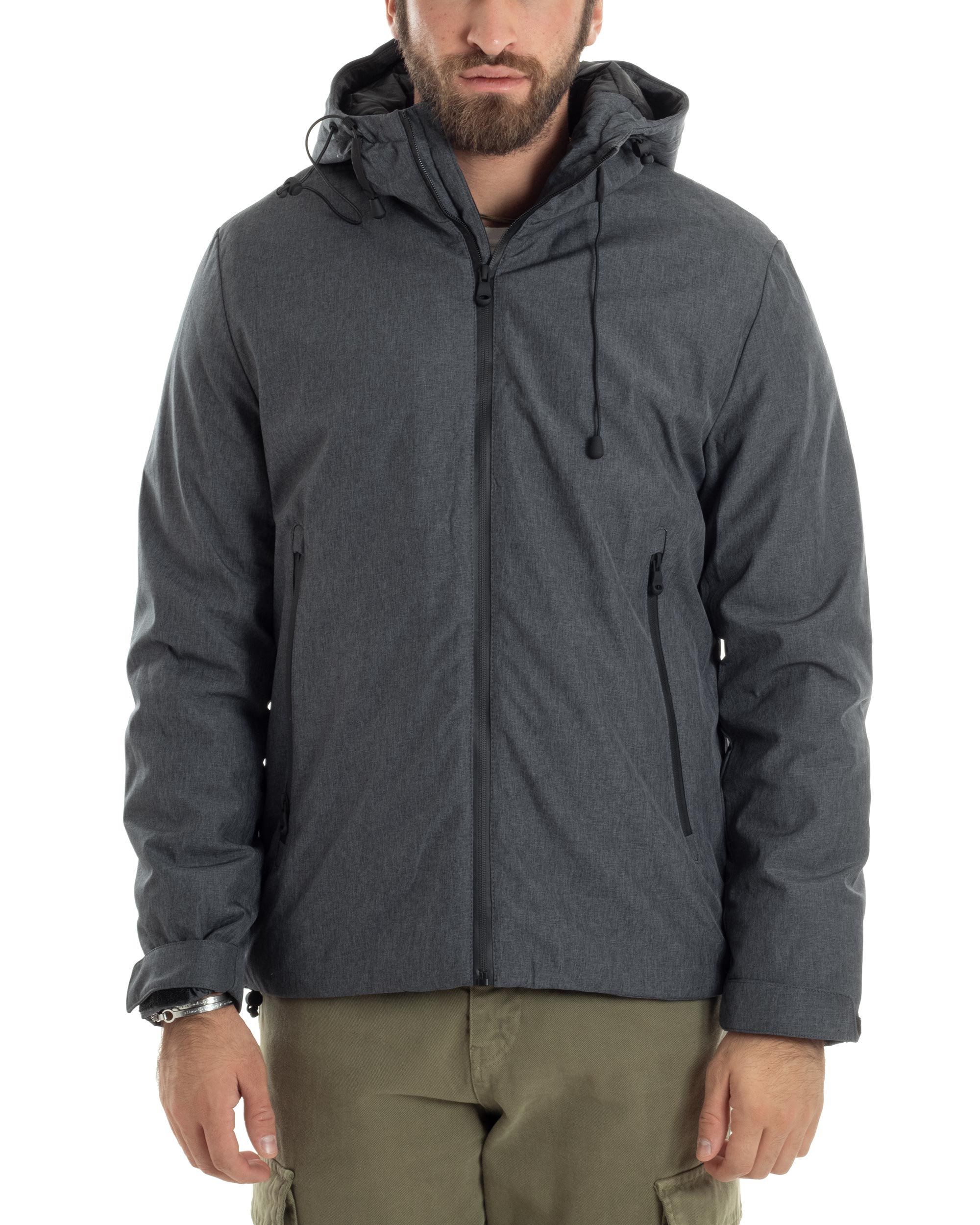 Giubbotto Uomo Con Cappuccio Tessuto Tecnico Giacca Imbottita Calda Tinta Unita Casual Nero Melangiato GIOSAL-G3277A