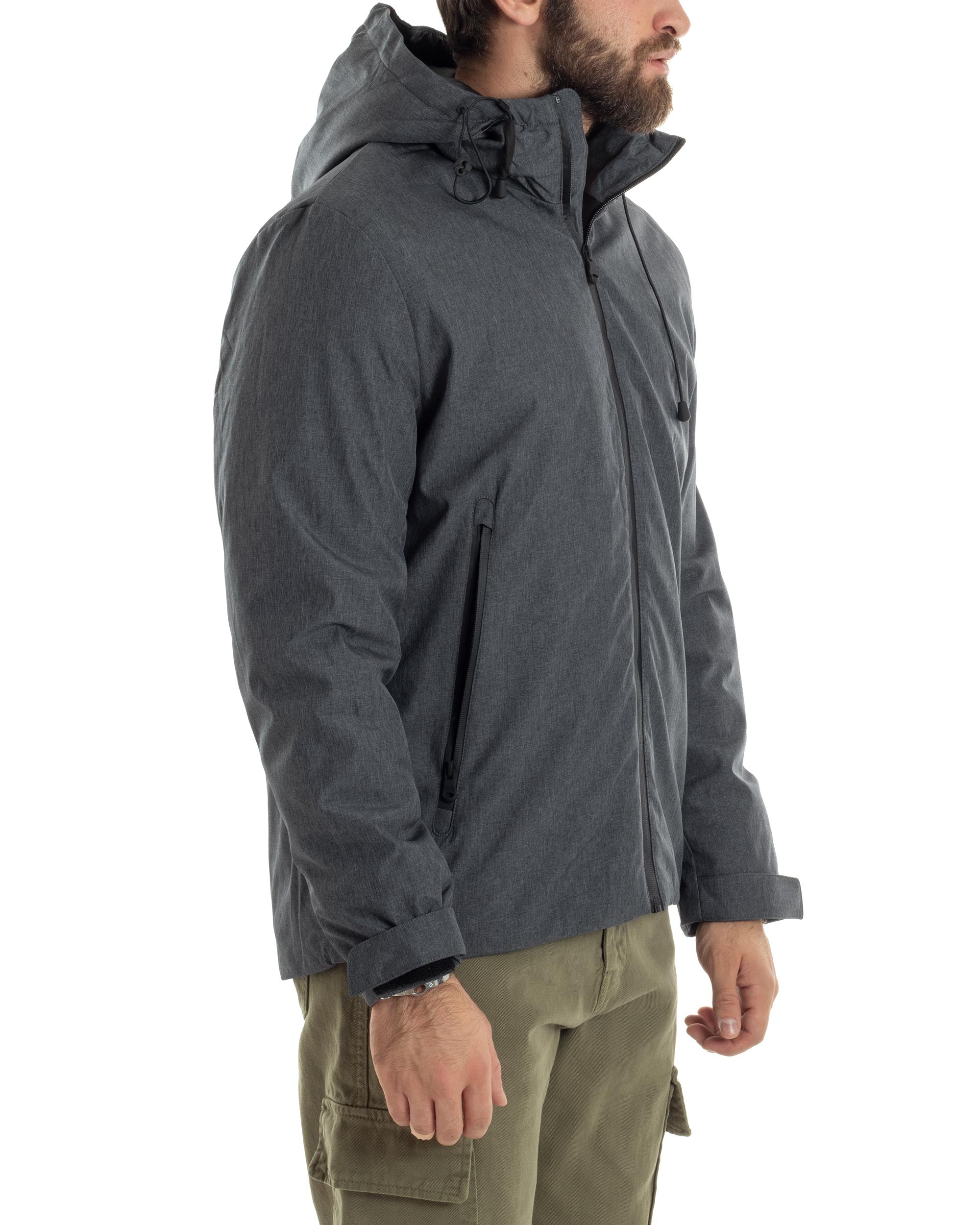 Giubbotto Uomo Con Cappuccio Tessuto Tecnico Giacca Imbottita Calda Tinta Unita Casual Nero Melangiato GIOSAL-G3277A