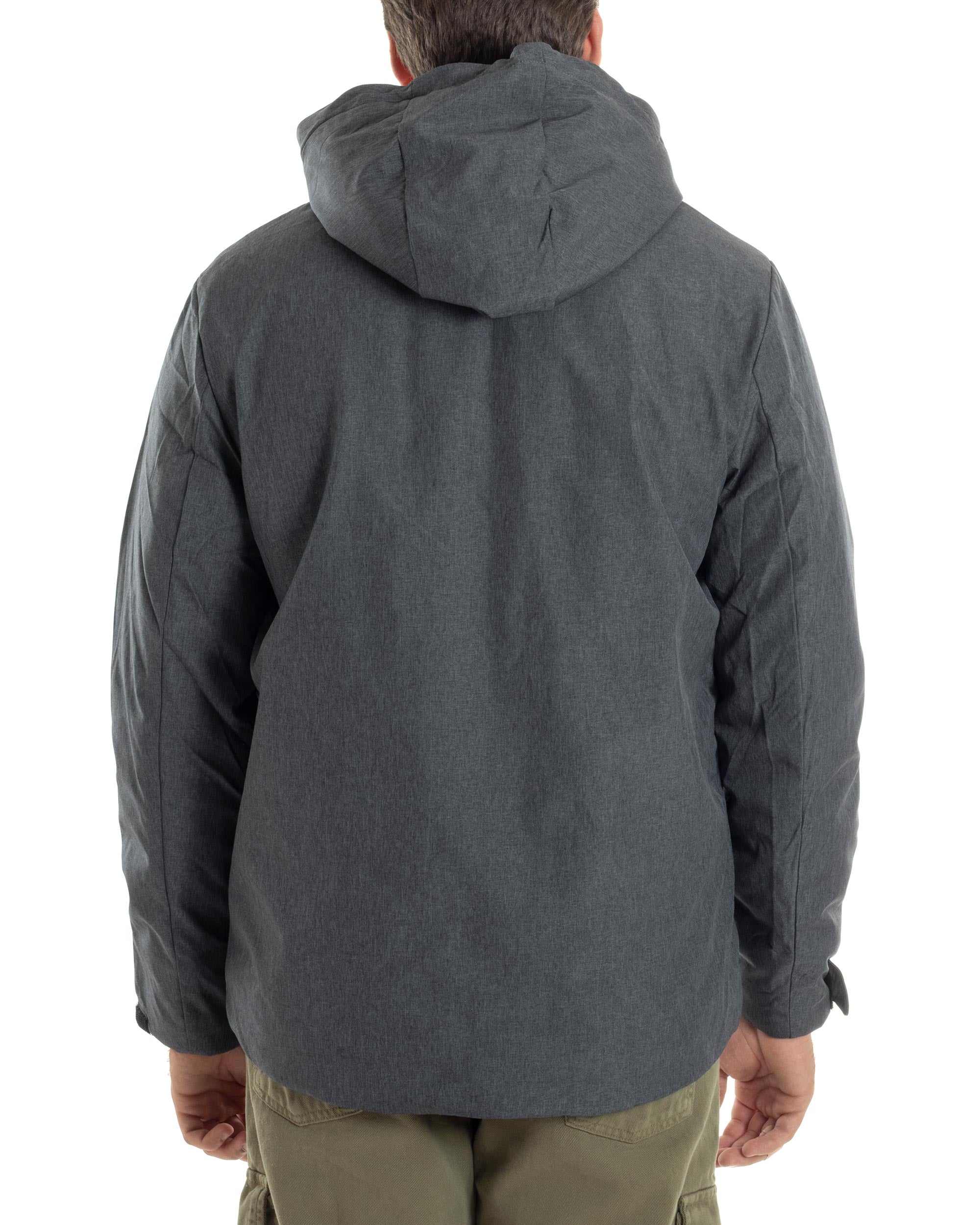 Giubbotto Uomo Con Cappuccio Tessuto Tecnico Giacca Imbottita Calda Tinta Unita Casual Nero Melangiato GIOSAL-G3277A
