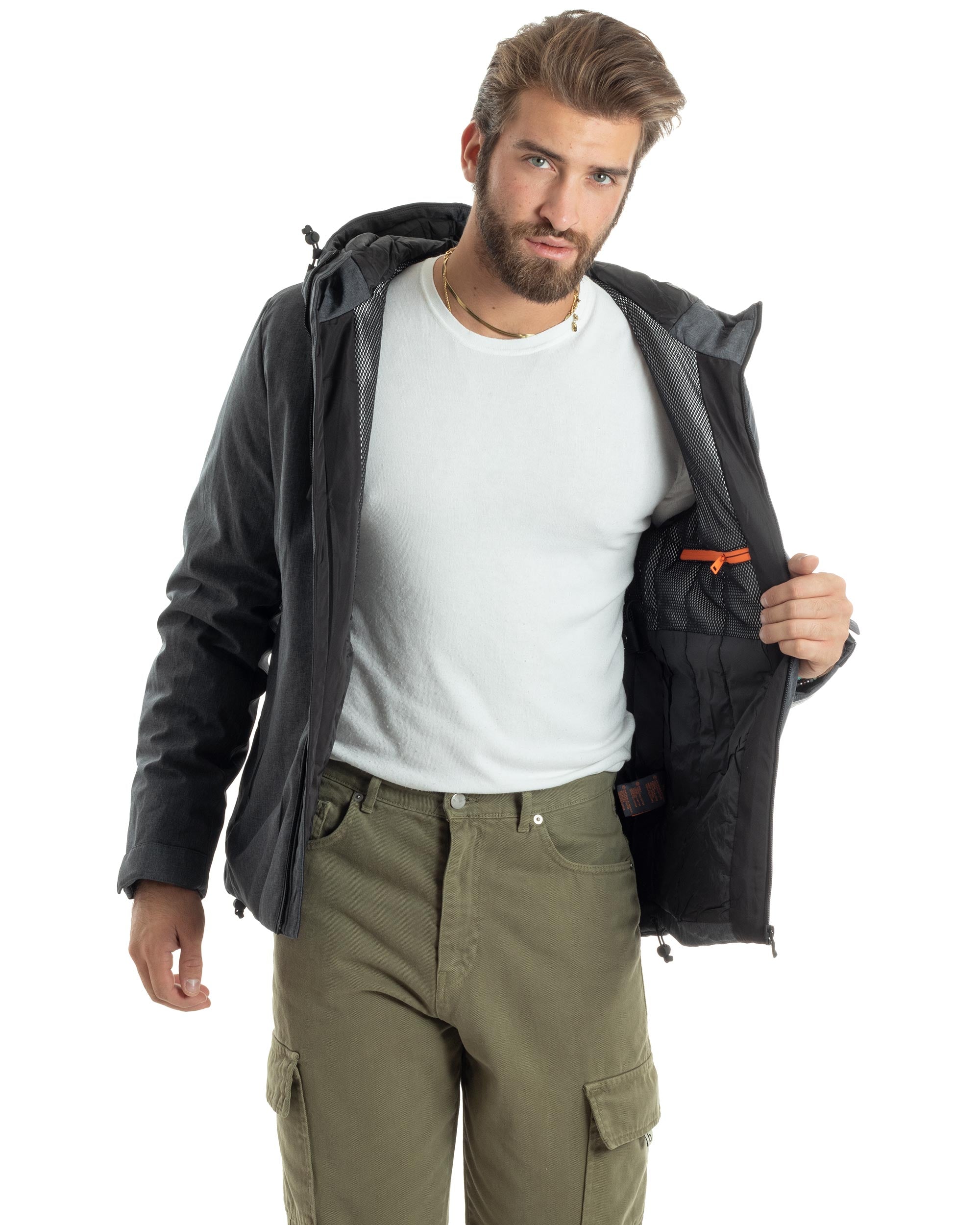Giubbotto Uomo Con Cappuccio Tessuto Tecnico Giacca Imbottita Calda Tinta Unita Casual Nero Melangiato GIOSAL-G3277A