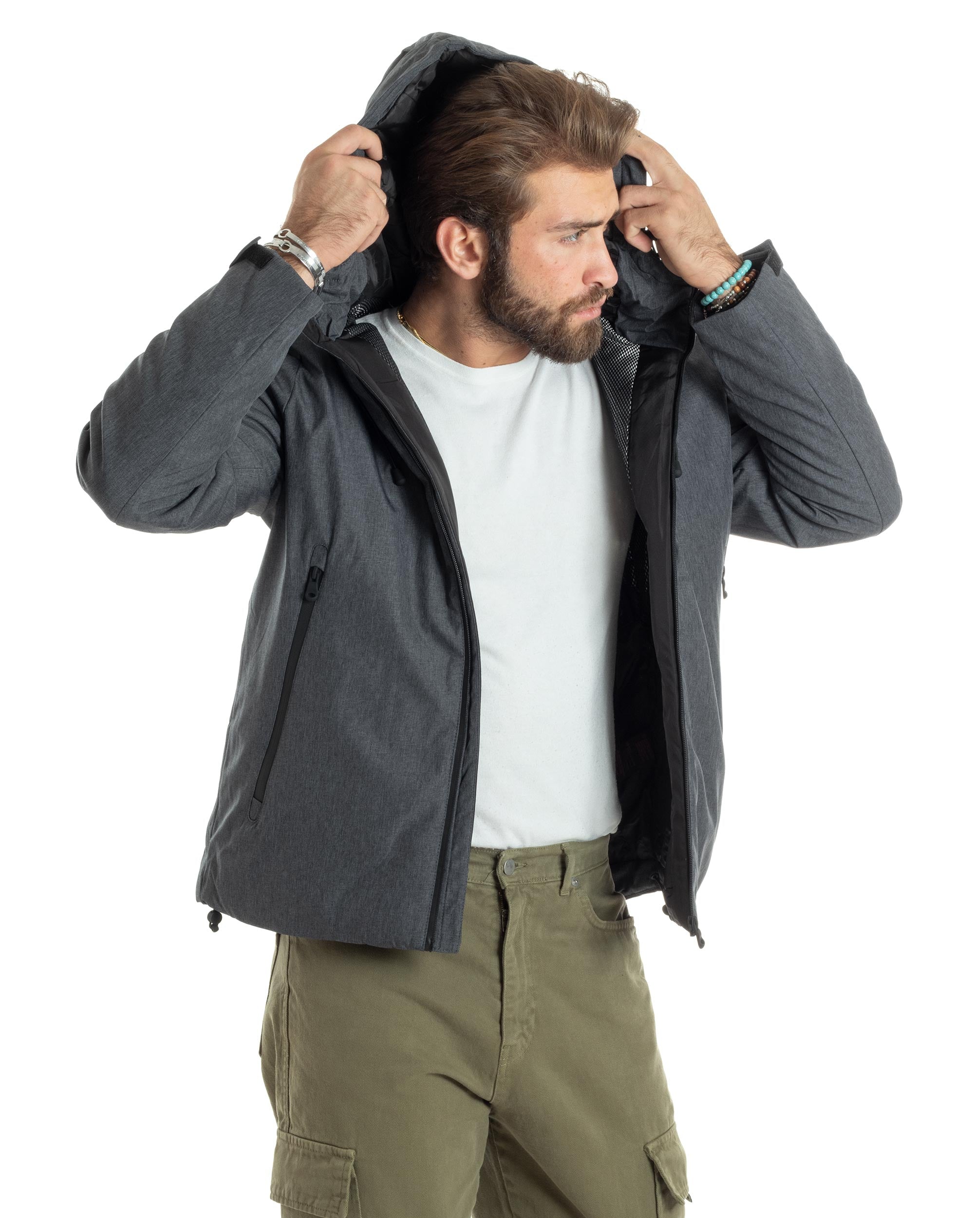 Giubbotto Uomo Con Cappuccio Tessuto Tecnico Giacca Imbottita Calda Tinta Unita Casual Nero Melangiato GIOSAL-G3277A