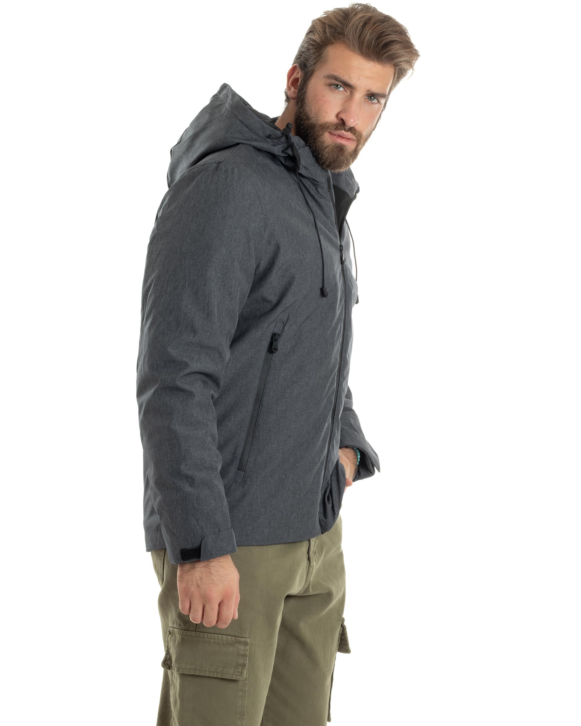Giubbotto Uomo Con Cappuccio Tessuto Tecnico Giacca Imbottita Calda Tinta Unita Casual Nero Melangiato GIOSAL-G3277A
