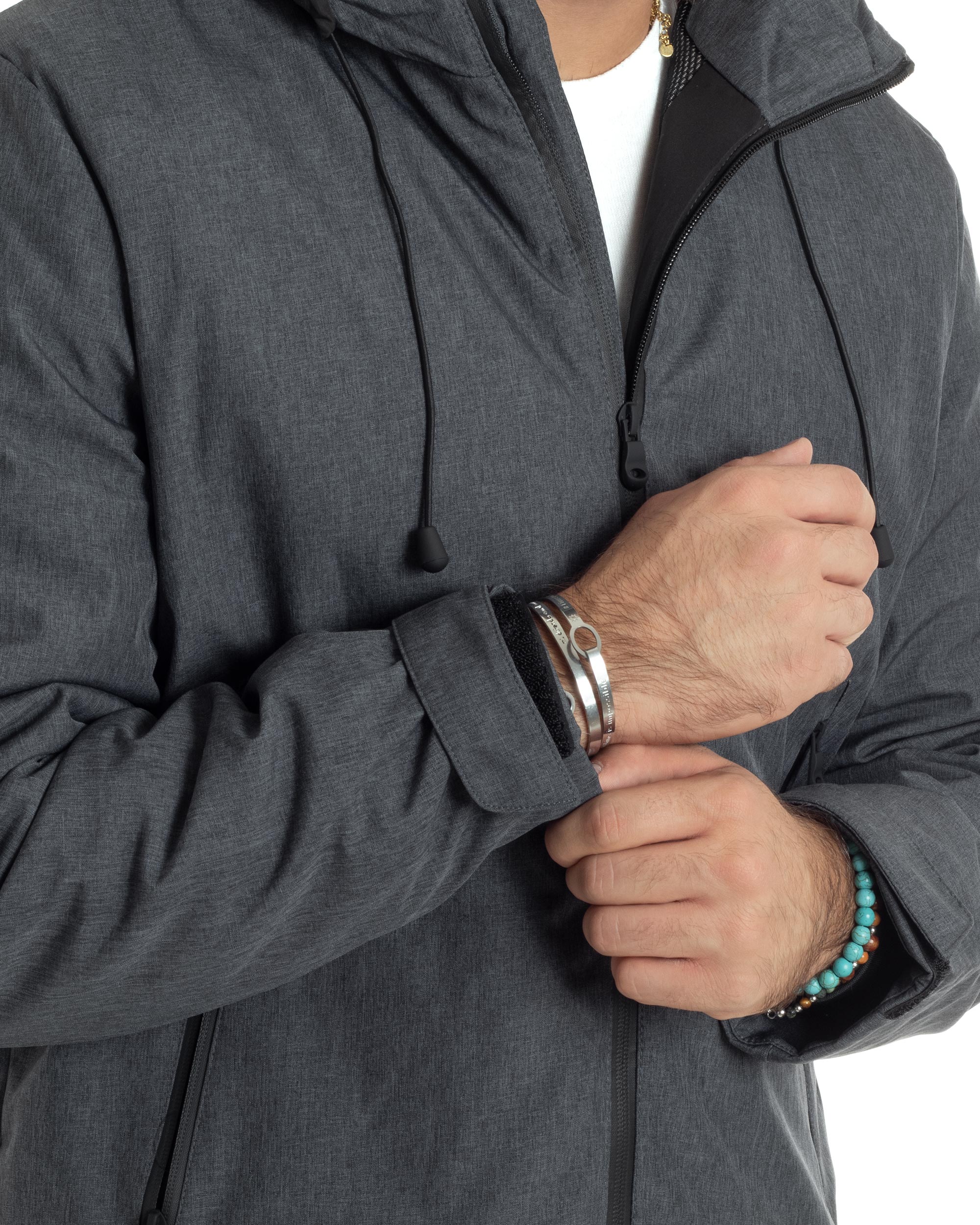 Giubbotto Uomo Con Cappuccio Tessuto Tecnico Giacca Imbottita Calda Tinta Unita Casual Nero Melangiato GIOSAL-G3277A