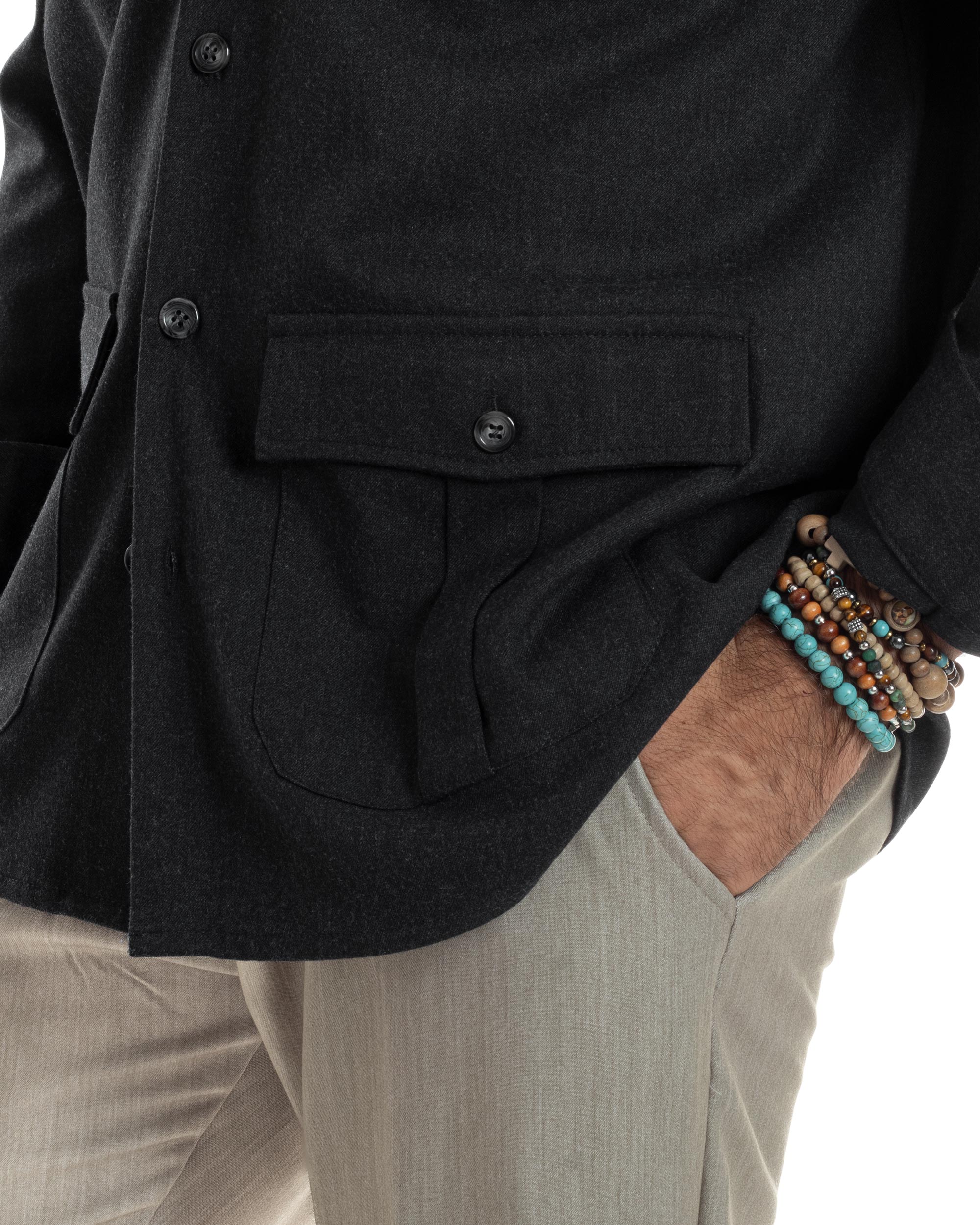 Giacca Sahariana Uomo Flanella Camicia Giubbotto Overshirt Tasconi E Colletto Camicione Casual Tinta Unita Nero GIOSAL-G3278A