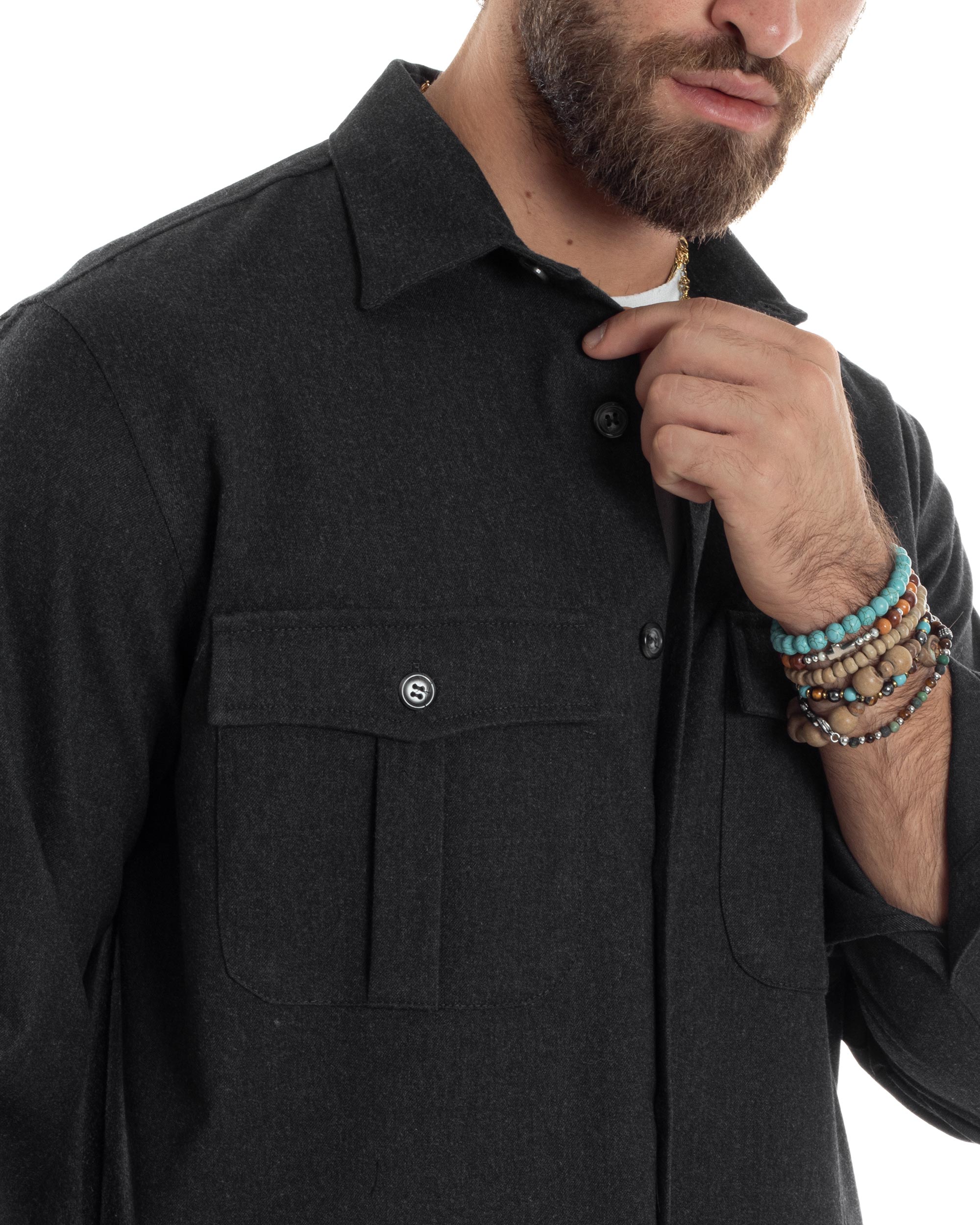 Giacca Sahariana Uomo Flanella Camicia Giubbotto Overshirt Tasconi E Colletto Camicione Casual Tinta Unita Nero GIOSAL-G3278A