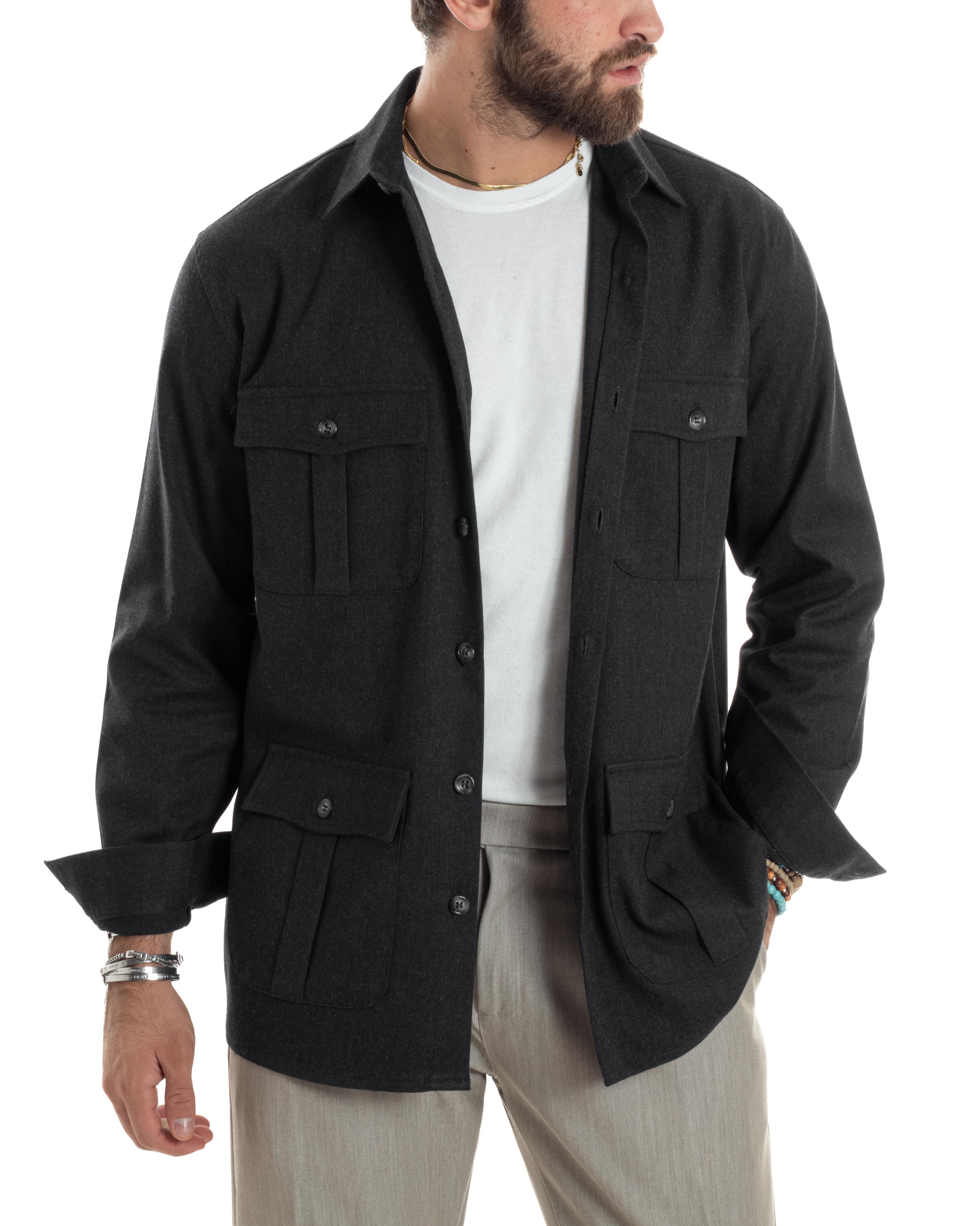 Giacca Sahariana Uomo Flanella Camicia Giubbotto Overshirt Tasconi E Colletto Camicione Casual Tinta Unita Nero GIOSAL-G3278A
